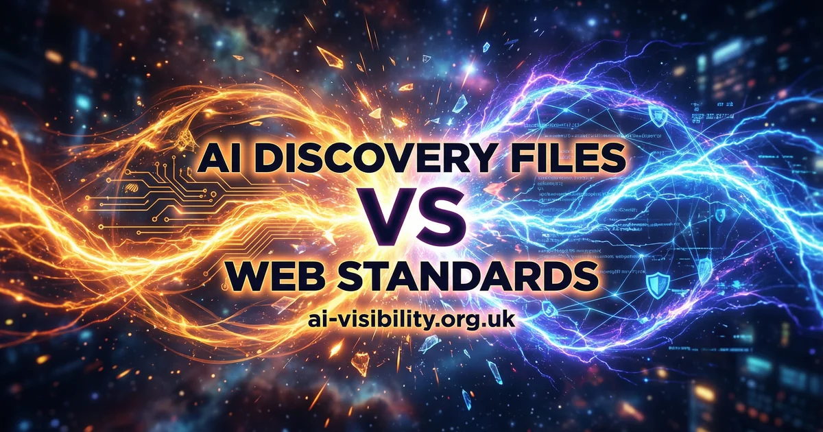 Illustration comparing traditional web standards on the left with AI Discovery Files on the right, connected by bridge-like lines showing how they complement each other