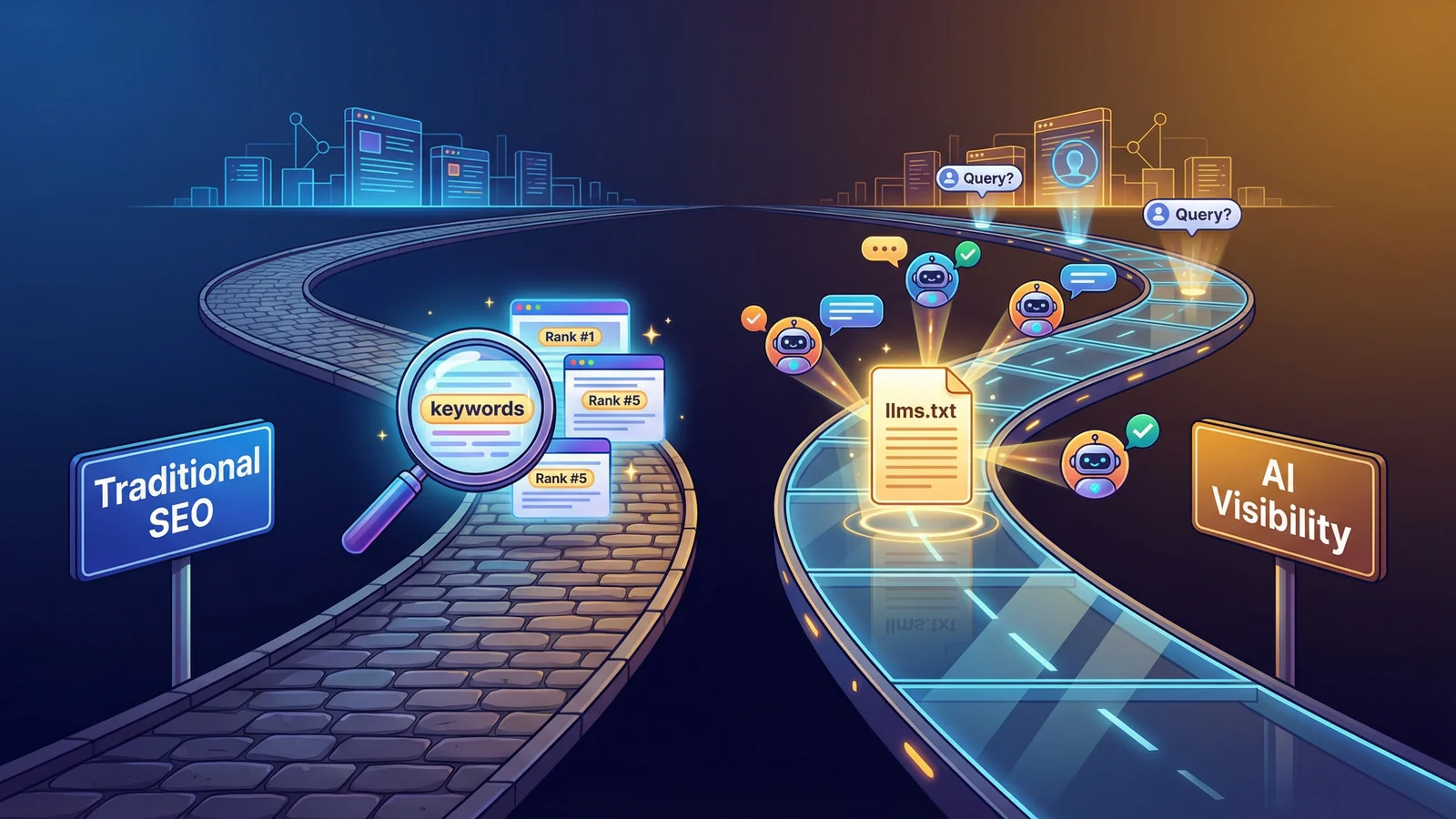 Two diverging paths: Traditional SEO on the left with search rankings and keywords, AI Visibility on the right with llms.txt and AI bots providing accurate answers