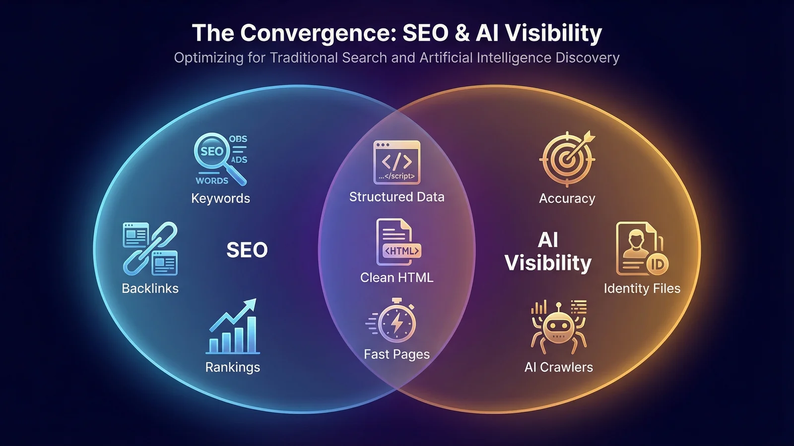 Venn diagram showing the convergence of SEO and AI Visibility, with shared practices like structured data and clean HTML in the overlapping centre