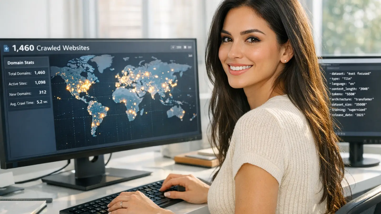 Data analyst reviewing AI Discovery File crawl results on a dual-monitor setup showing 1,460 crawled websites on a world map with domain statistics