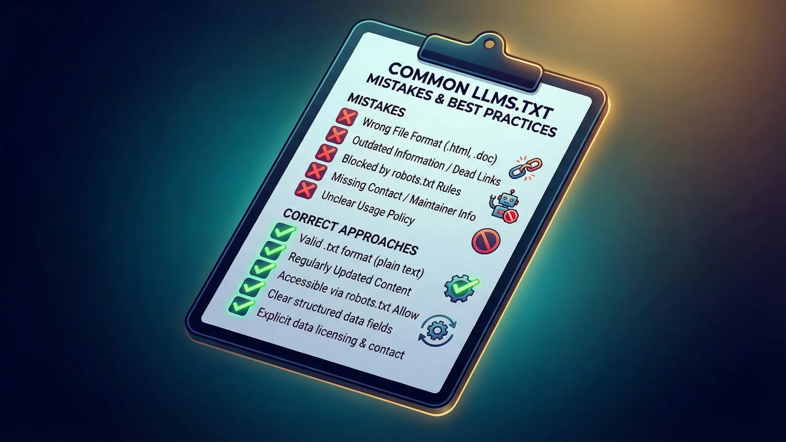 Checklist of common llms.txt mistakes with red X marks for wrong format, marketing language, relative URLs, and missing sections, and green check marks for the correct approaches