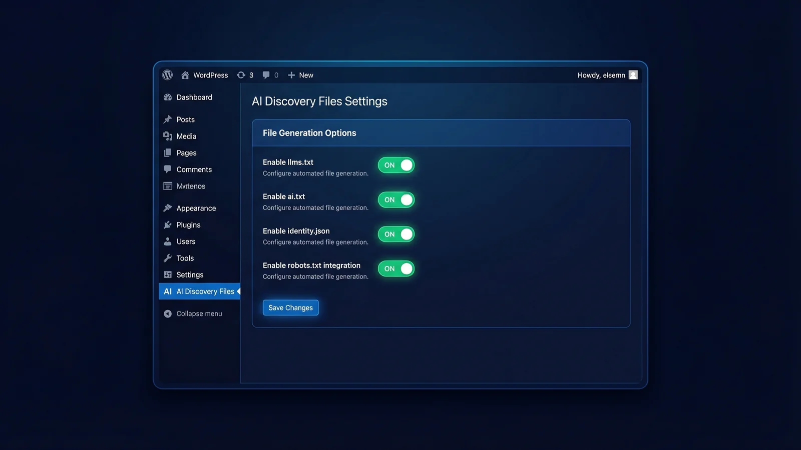 WordPress admin dashboard showing the AI Discovery Files plugin settings page with toggle switches for llms.txt, ai.txt, identity.json, and other files