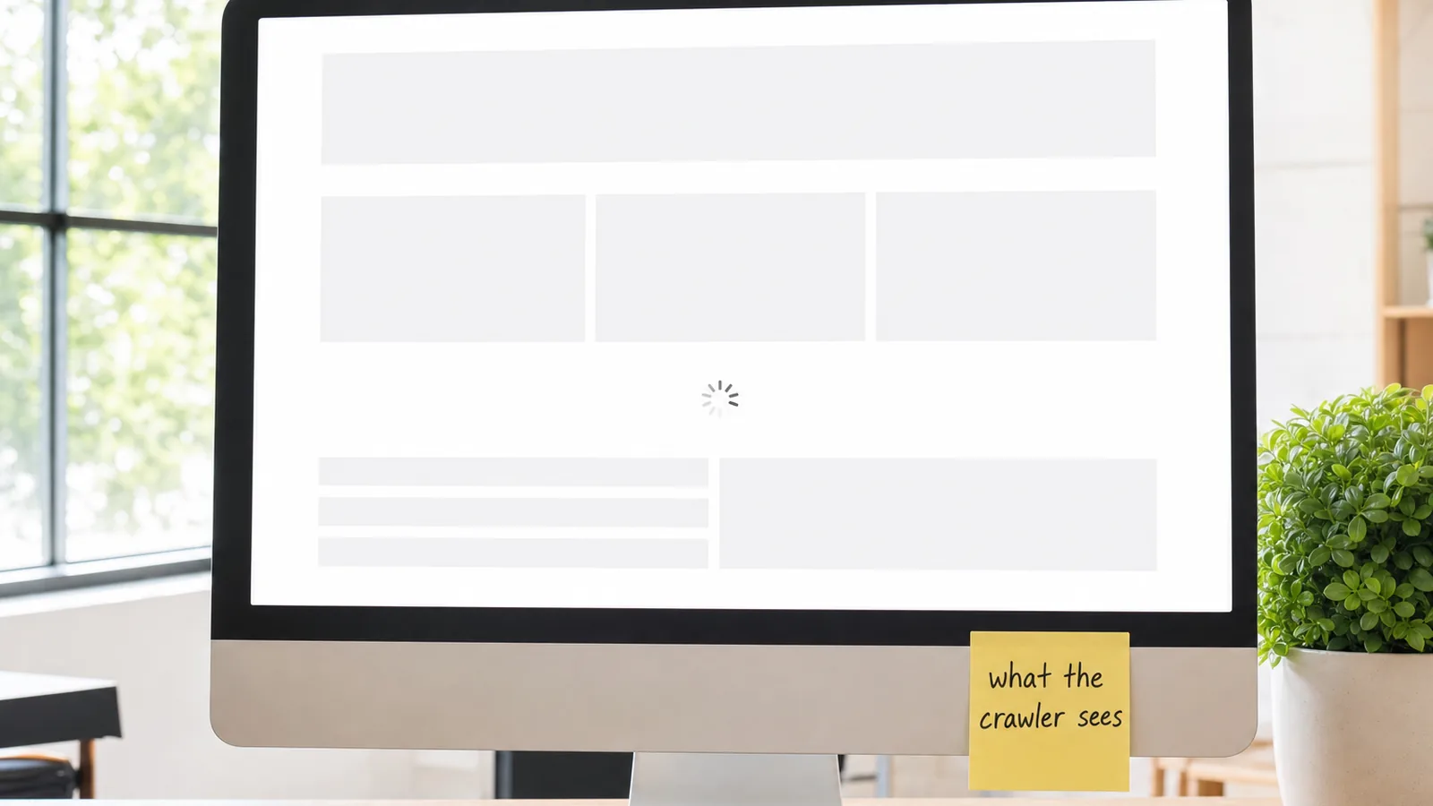 A desktop monitor on a bright desk showing a web page with only empty grey placeholder blocks and a loading spinner, with a sticky note on the bezel reading 'what the crawler sees'