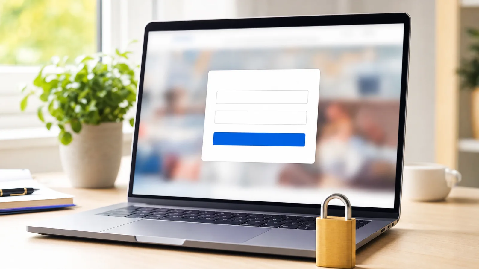 A laptop on a bright desk displaying a simple login form with the page content behind it blurred and unreadable, a closed brass padlock in the foreground