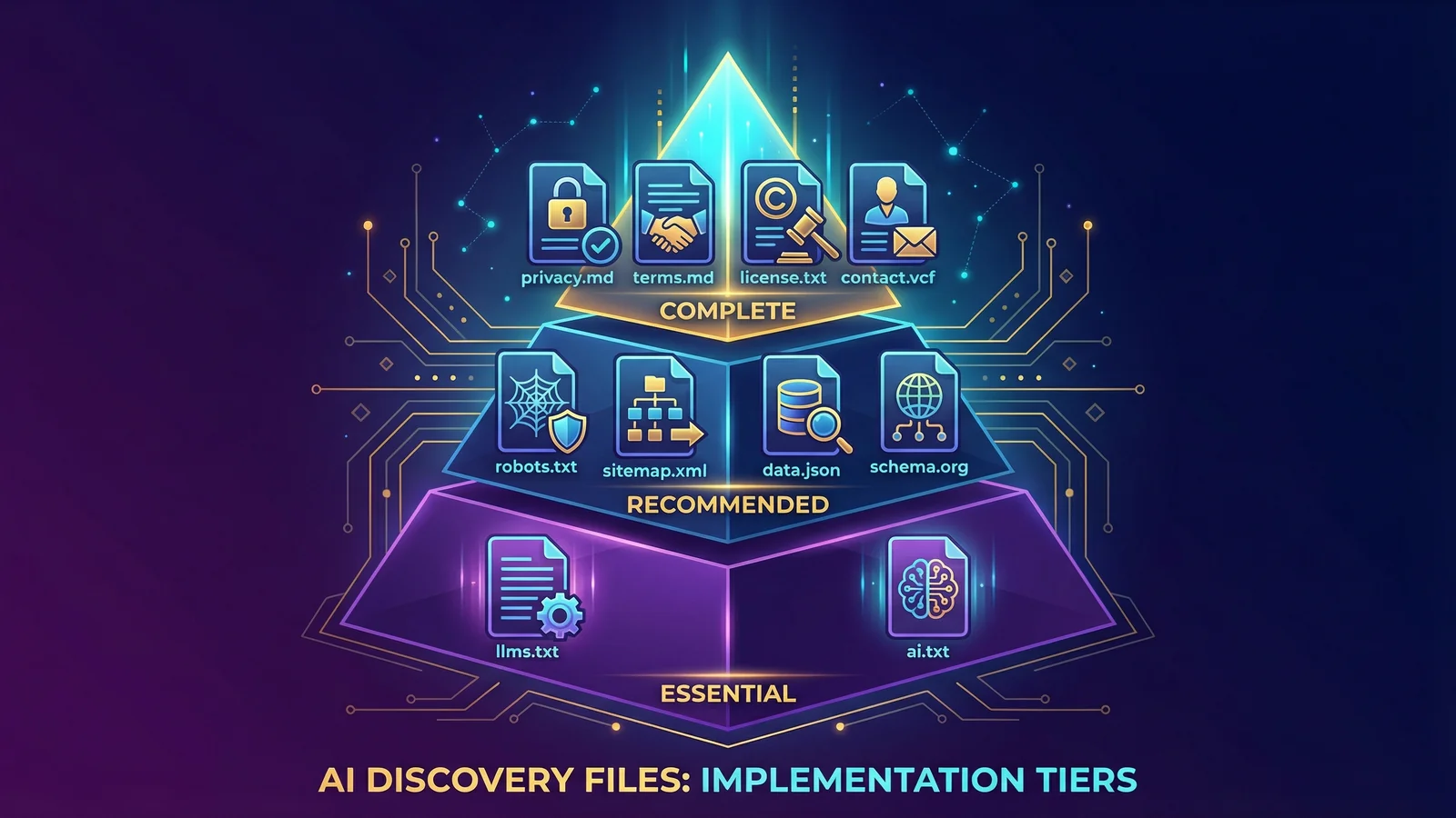 Pyramid diagram showing three implementation tiers: Essential at the base with llms.txt and ai.txt, Recommended in the middle, and Complete at the top with all 10 files