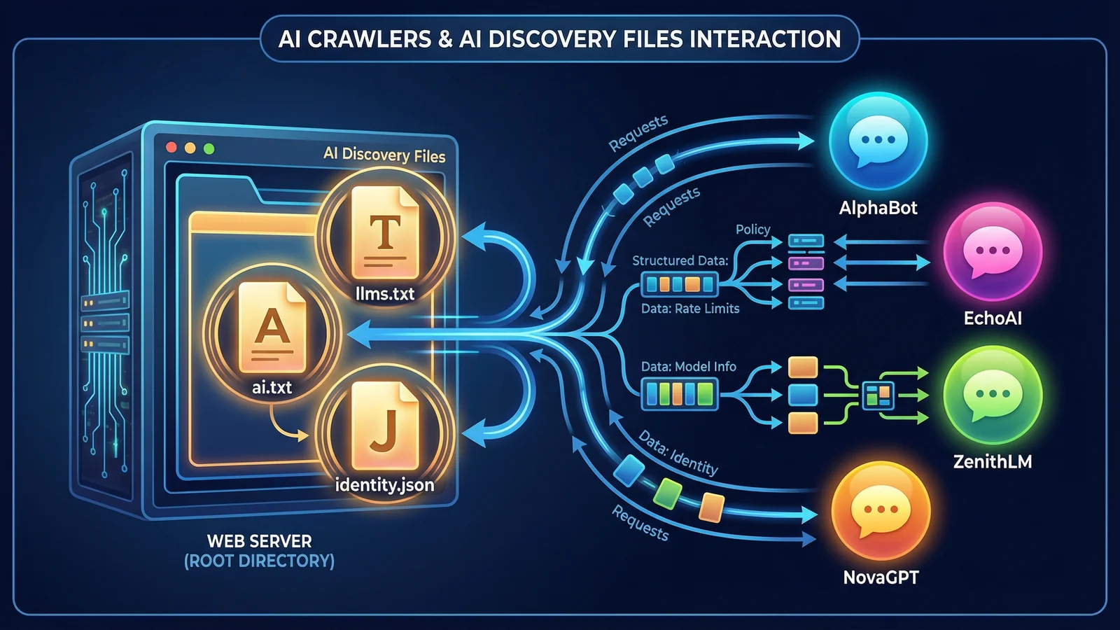 Diagram of a web server hosting AI Discovery Files with arrows connecting to AI crawlers from ChatGPT, Claude, Gemini, and Perplexity