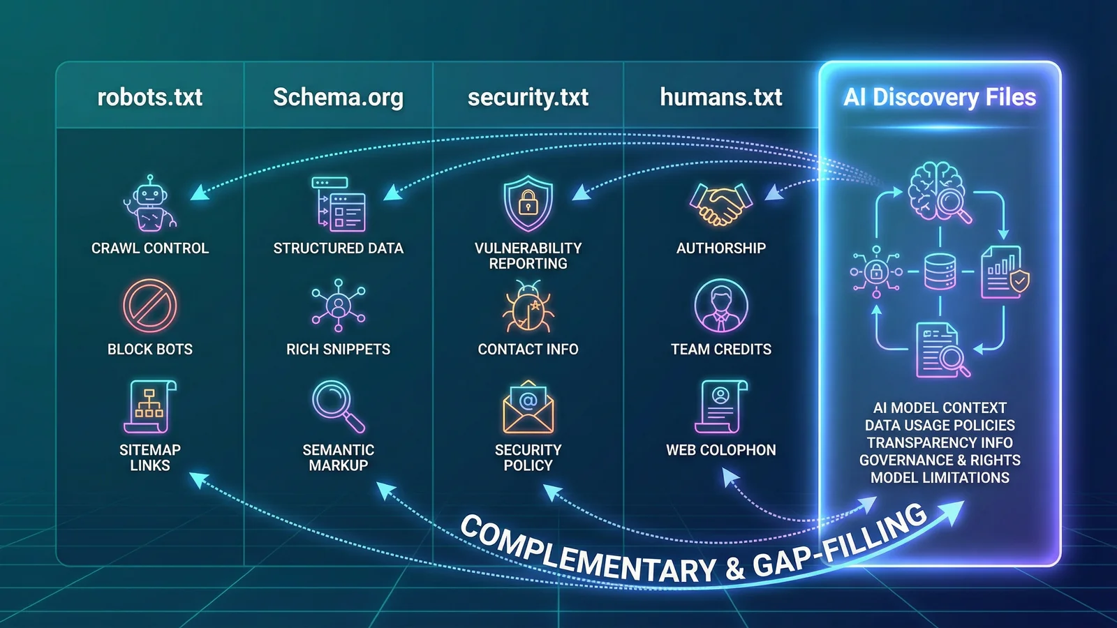 Comparison of web standards showing robots.txt, Schema.org, security.txt, and humans.txt alongside AI Discovery Files, illustrating how they complement each other