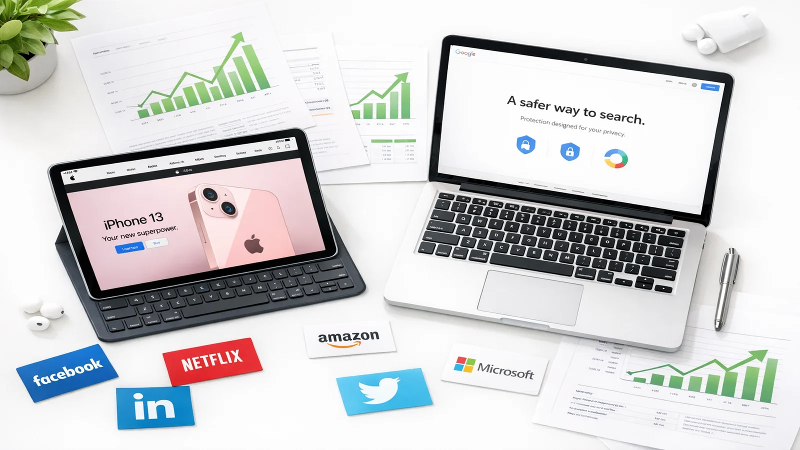 Modern desk with devices showing tech company websites and growth reports, representing major brands adopting AI Discovery Files
