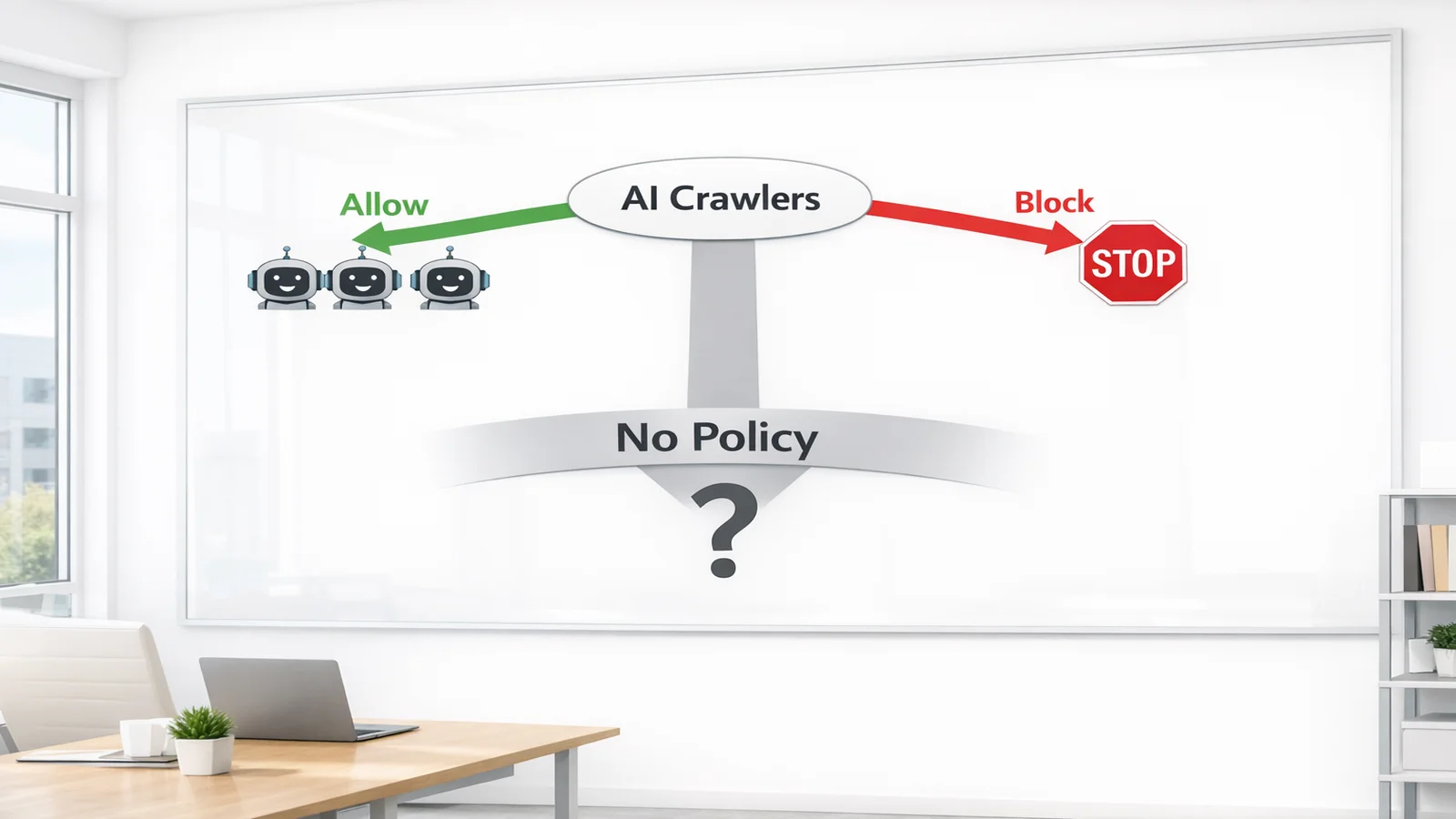 Whiteboard diagram showing AI crawler policy decisions: Allow path with green arrow to happy bots, Block path with red arrow to stop sign, and a wide No Policy path with question mark representing 85% of websites