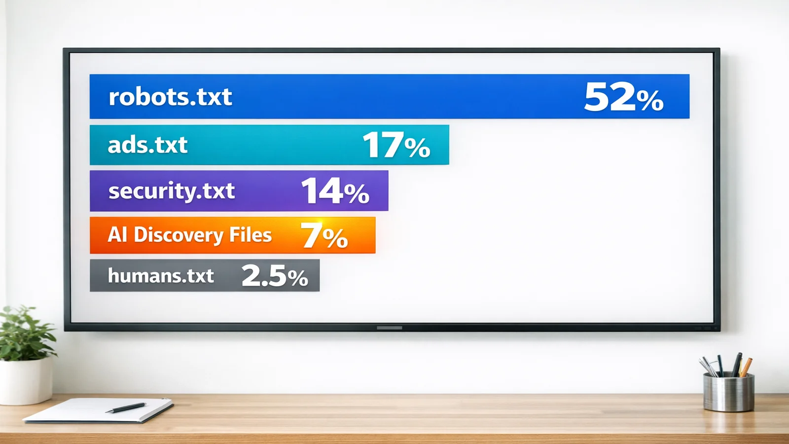Horizontal bar chart comparing web standard adoption rates: robots.txt at 52%, ads.txt at 17%, security.txt at 14%, AI Discovery Files at 7% highlighted in orange, and humans.txt at 2.5%