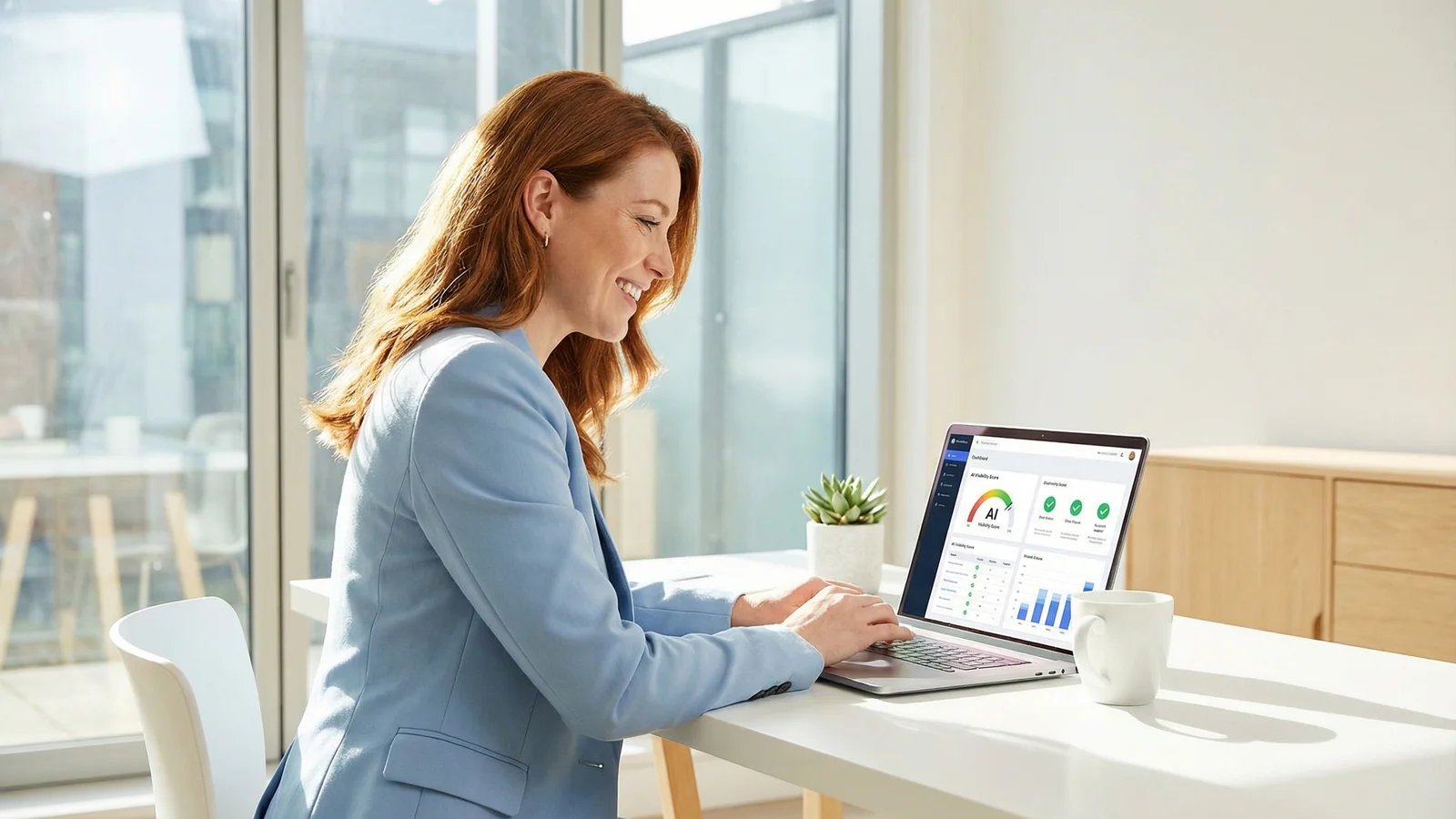 A professional woman in a bright, modern office reviewing AI Visibility audit results on her laptop screen, with a confident expression suggesting clarity and understanding of the data
