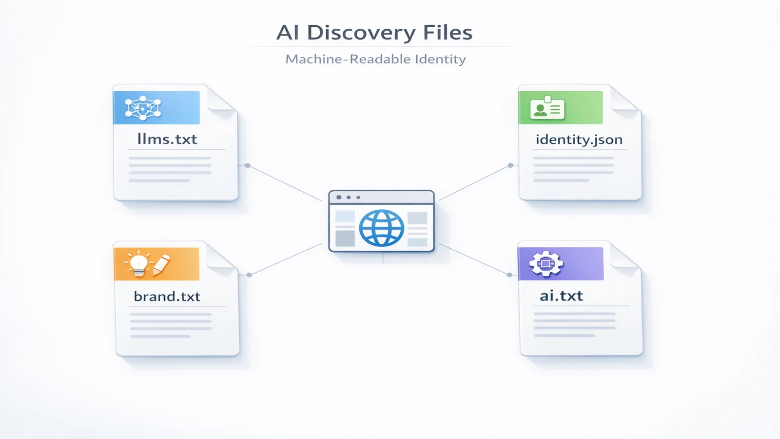 A bright, polished visualisation of structured AI Discovery Files including llms.txt, identity.json, and brand.txt arranged in an organised layout on a light background, showing how they connect to provide machine-readable identity