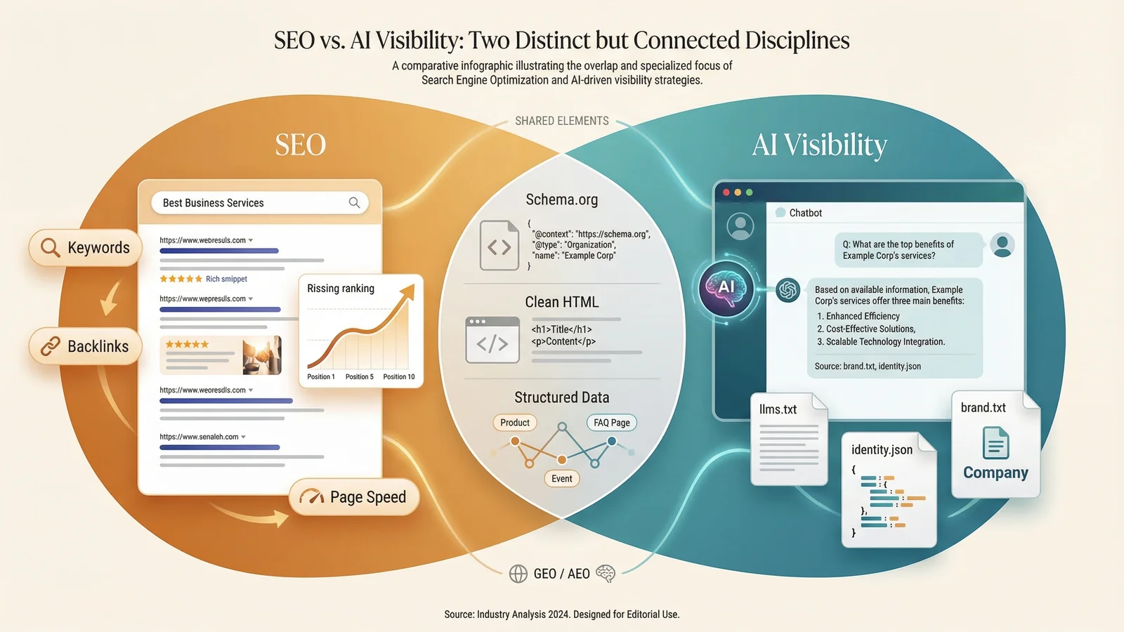 Split comparison showing traditional SEO with search engine rankings on one side and AI Visibility with identity signals and structured files on the other, connected by overlapping elements in the centre