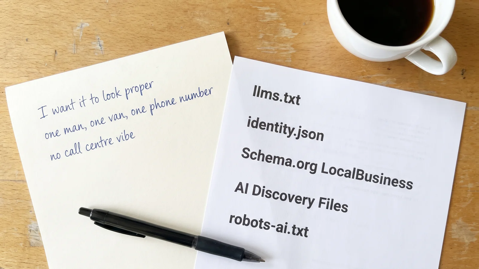 A flat-lay desk scene with a paper notepad on the left showing the owner's hand-written brief: 'I want it to look proper', 'one man, one van, one phone number', 'no call centre vibe'. On the right, a printed builder's specification document listing technical components: llms.txt, identity.json, Schema.org LocalBusiness, AI Discovery Files, robots-ai.txt.