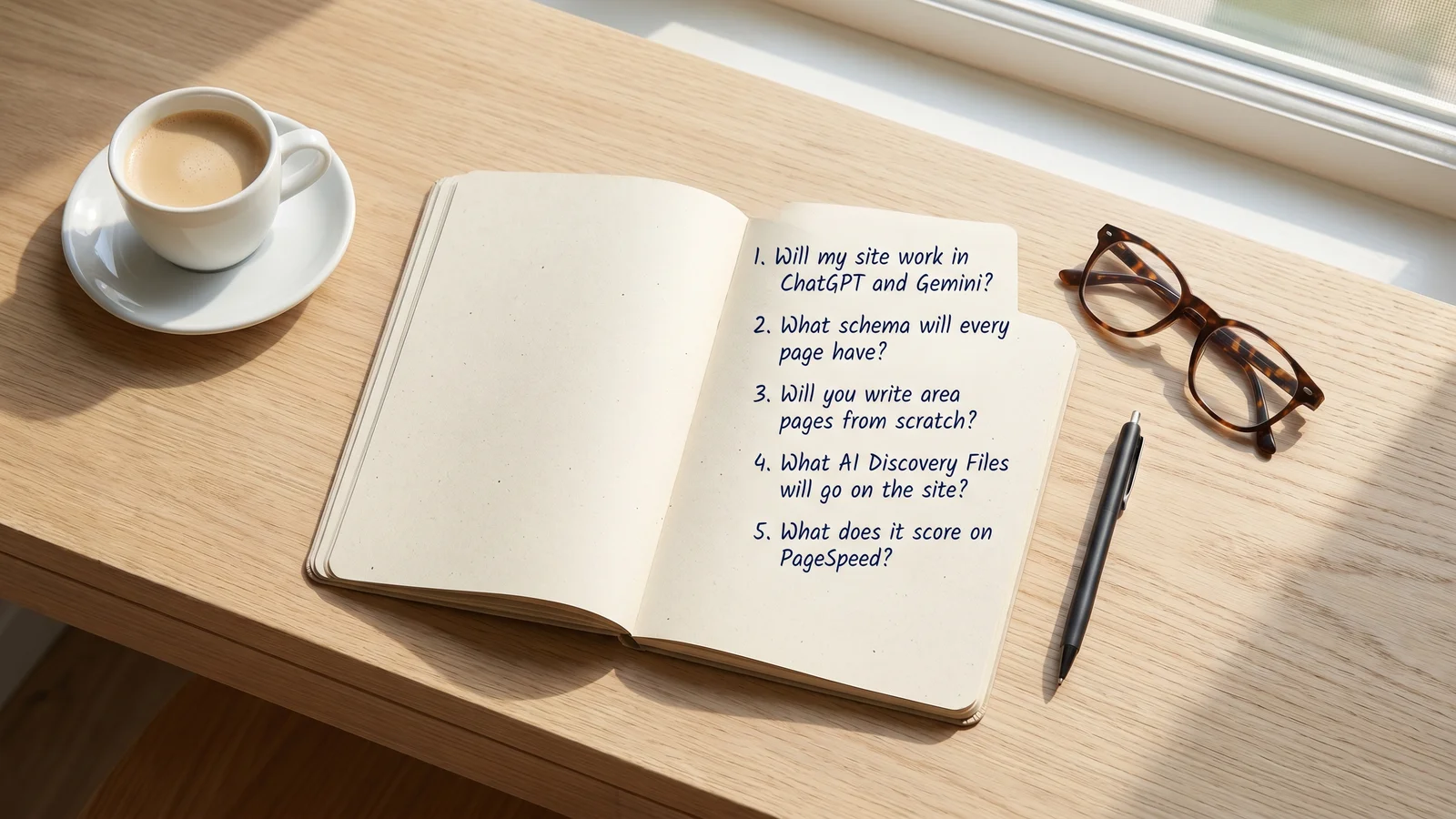 A clean paper notebook open on a sunlit desk with five hand-written questions in blue biro: 'Will my site work in ChatGPT and Gemini?', 'What schema will every page have?', 'Will you write area pages from scratch?', 'What AI Discovery Files will go on the site?', 'What does it score on PageSpeed?'