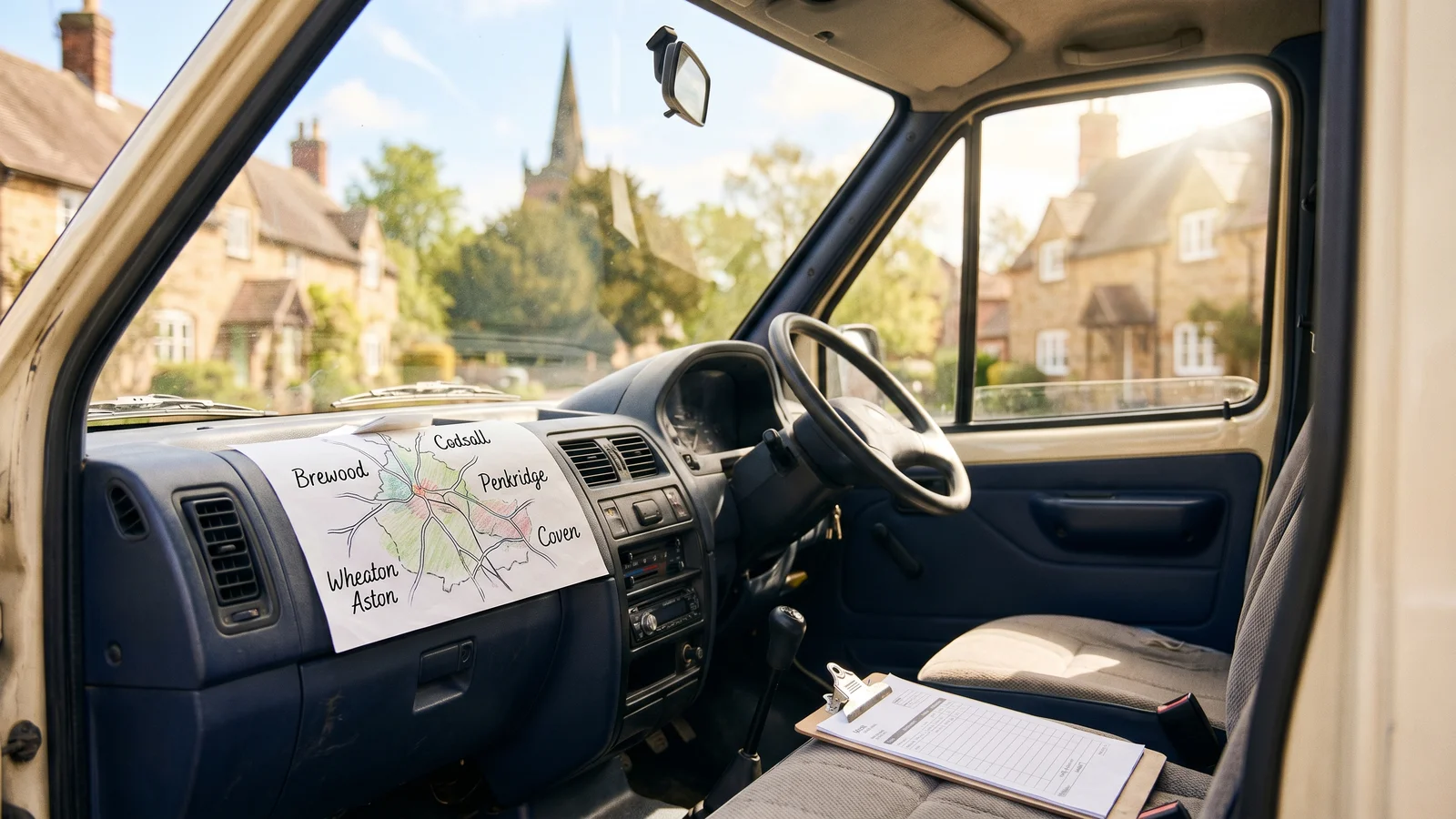 View through the open driver's door of a British locksmith service van, looking onto a sandstone-cottage village street in bright spring morning light. On the dashboard, a hand-drawn paper map shows real local village names: Brewood, Codsall, Penkridge, Wheaton Aston, Coven. A clipboard with a job sheet rests on the passenger seat.