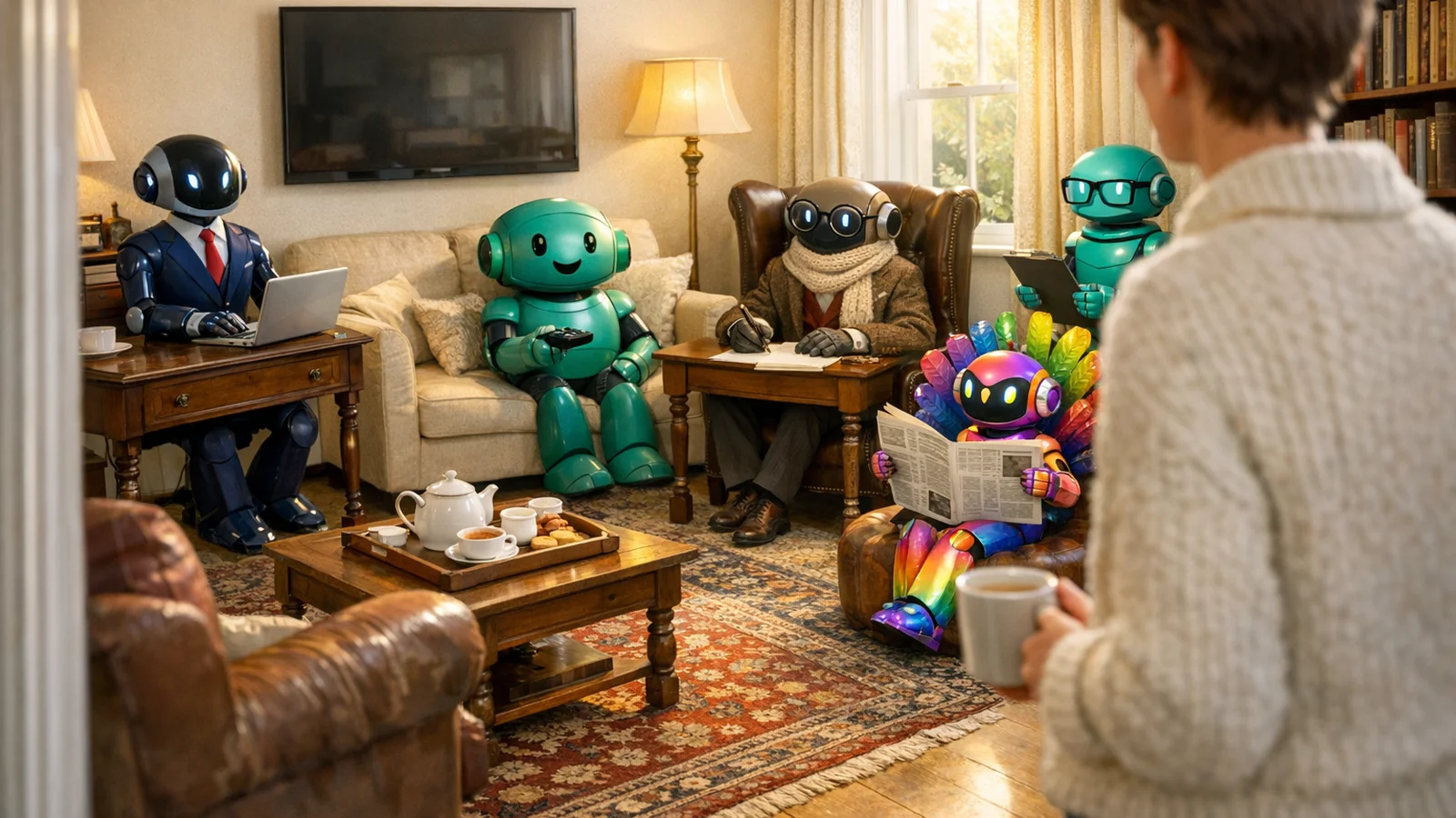 Photograph of a British living room with a person in a cream jumper holding a mug of tea standing at the doorway, looking at five distinct humanoid AI-style robots each doing different things around the room: a navy-suited corporate robot at a writing bureau with a laptop, a cheerful green rounded robot on the sofa with a TV remote, a tweed-jacketed scholar robot writing at a desk, a rainbow peacock robot reading a newspaper, and a teal research-scholar robot by the bookcase