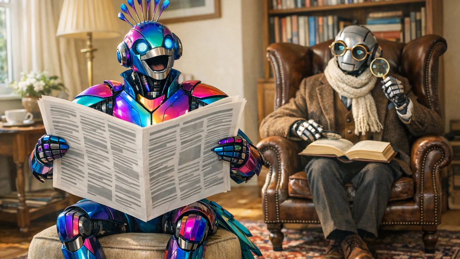 Photograph of a cosy living room with a flamboyant rainbow peacock-style humanoid AI-style robot in the foreground sitting upright on a pouffe, confidently holding up a broadsheet newspaper, while in the background a tweed-jacketed scholar robot sits in a leather wingback armchair holding an open book and a magnifying glass, looking over with a polite but skeptical expression