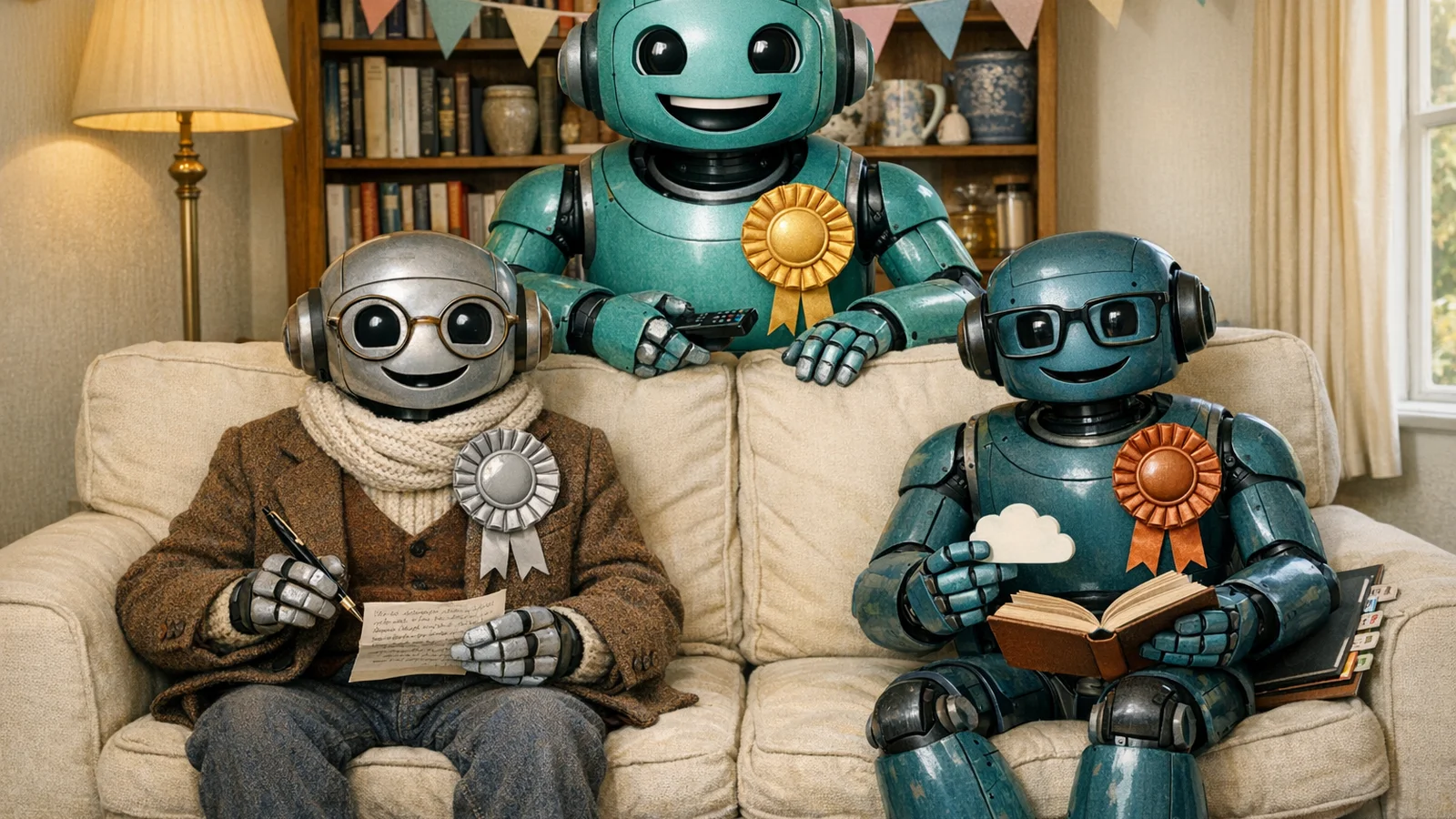 Photograph of three humanoid AI-style robots sitting together on a cream sofa as if posing for a group photo, each with a paper rosette pinned to its chest: a cheerful teal-green all-rounder standing slightly forward wearing a gold rosette, a tweed-jacketed scholar robot holding a letter and a fountain pen wearing a silver rosette on the left, and a deeper teal research-scholar robot with glasses holding a cloud-shape icon and a clipboard wearing a bronze rosette on the right, with soft pastel paper bunting strung across the wall