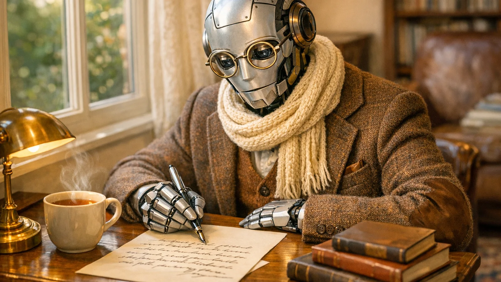 Close-up photograph of a scholarly humanoid AI-style robot with round brass-rimmed glasses, a brown tweed jacket and a cream knitted scarf, sitting at a warm wooden writing desk, holding a silver fountain pen mid-sentence over a handwritten letter on cream stationery, a steaming cream mug of tea and a stack of hardback books beside it, by a window with soft warm afternoon light