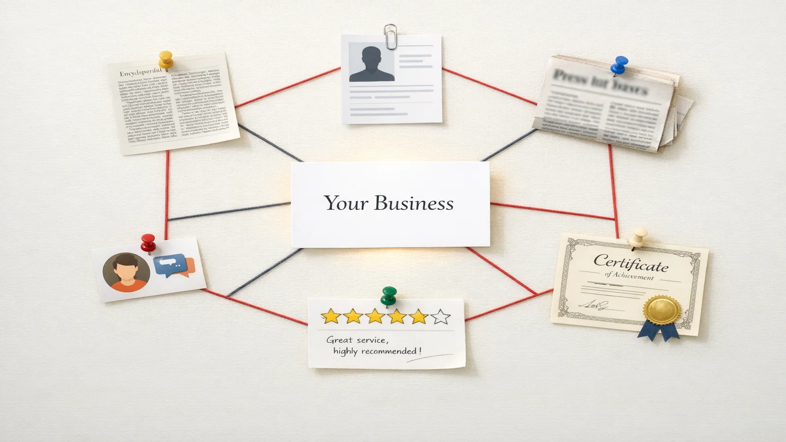 Illustration showing a central card labelled Your Business surrounded by six pastel cards representing trust sources including an encyclopaedia, a professional profile, a newspaper, a five-star review badge, a community icon, and a certificate, connected by glowing lines
