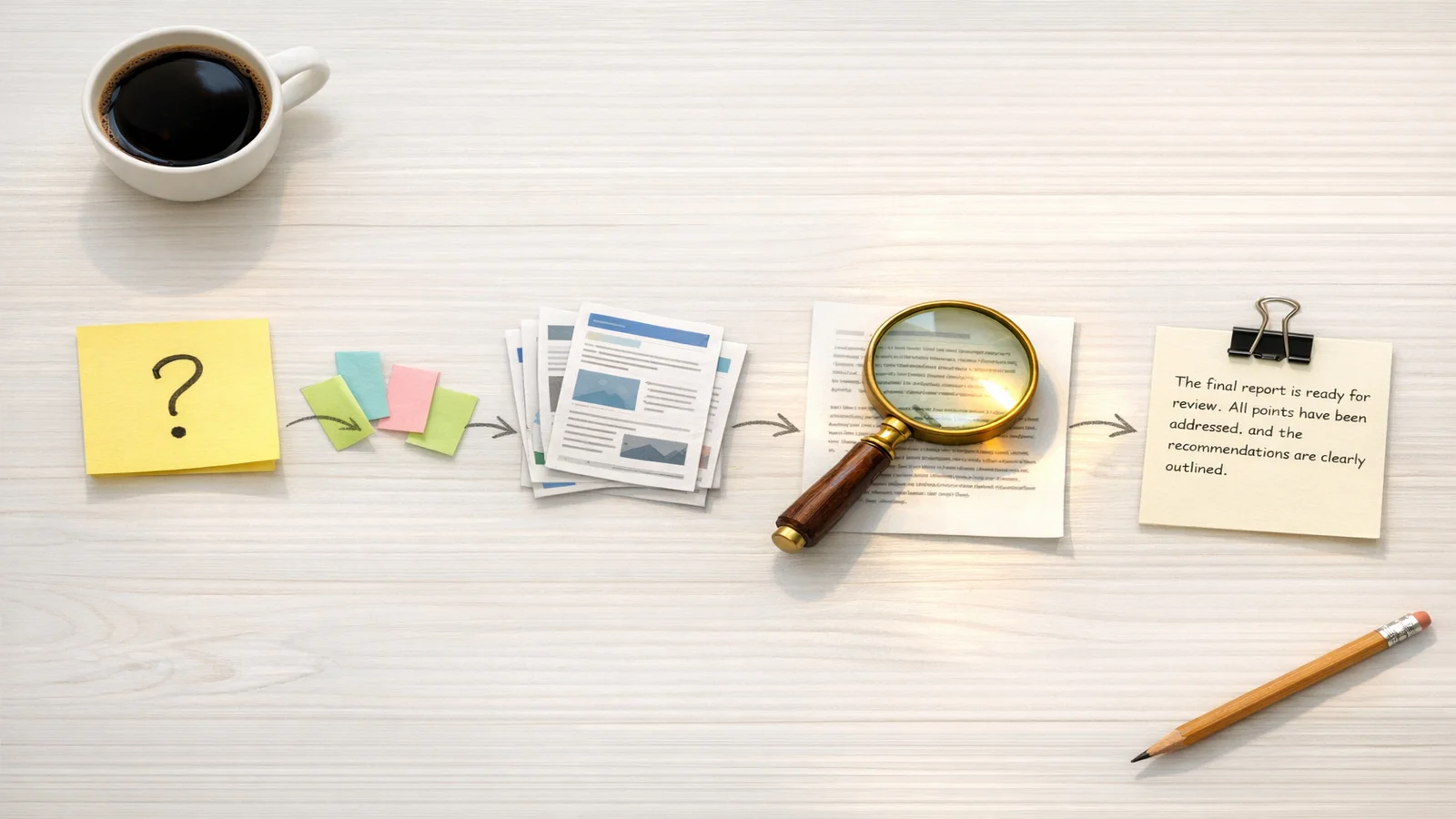 Infographic showing the five stages of the AI search pipeline as five coloured cards with icons: question bubble, fan-out tree, document stack, sorting arrow with a star, and chat reply bubble