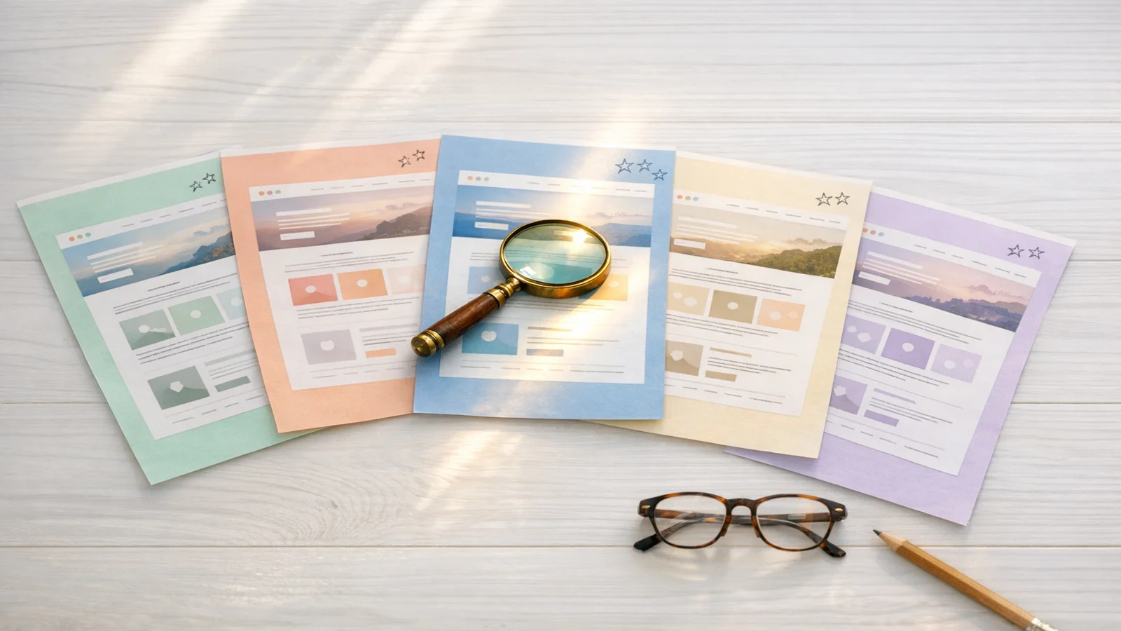 Illustration of five pastel website cards numbered one to five with a magnifying glass spotlighting the chosen card, representing AI systems re-ranking candidate passages before citation