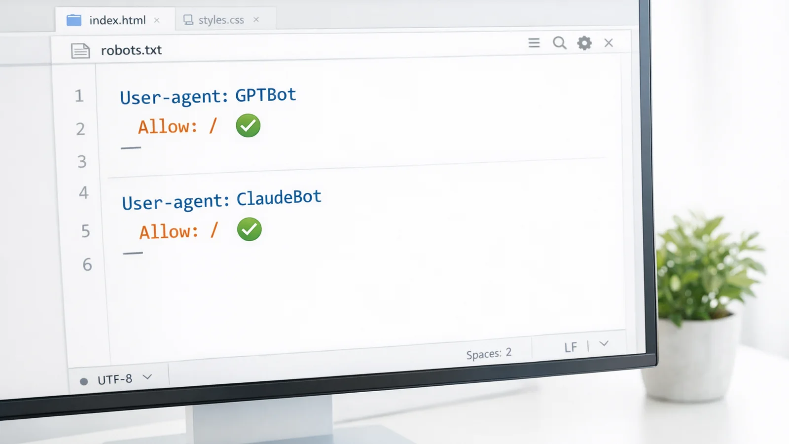 A clear, bright illustration of a robots.txt file on a screen with green checkmarks next to AI crawler names like GPTBot and ClaudeBot, showing they are allowed access