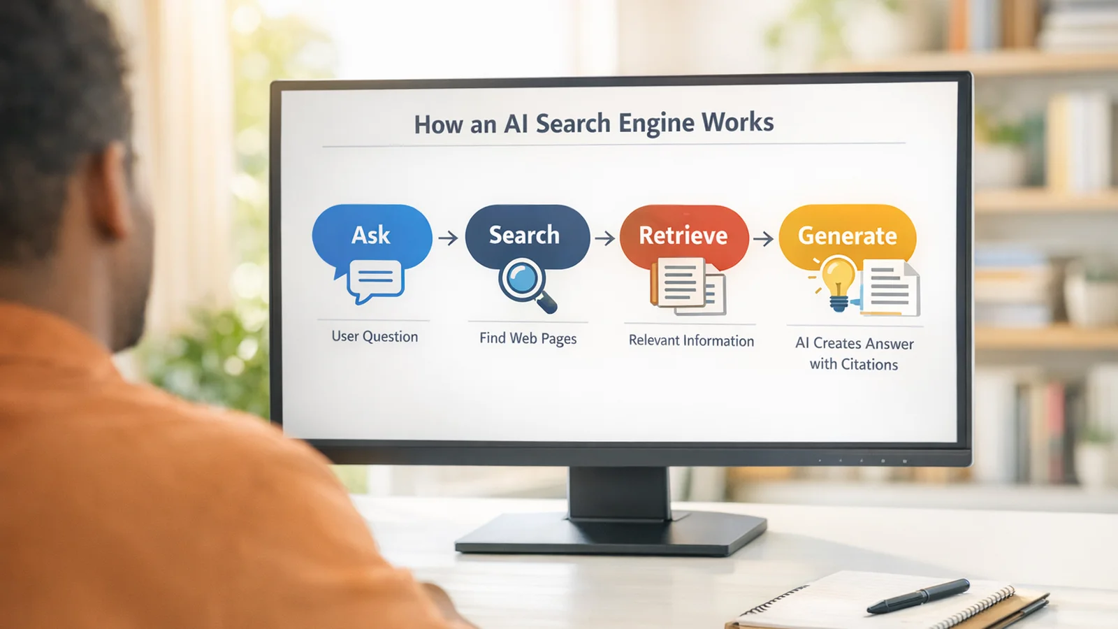 Diagram showing how retrieval-augmented generation works: a user asks a question, the AI searches the web for relevant pages, retrieves and reads them, then generates an answer with citations