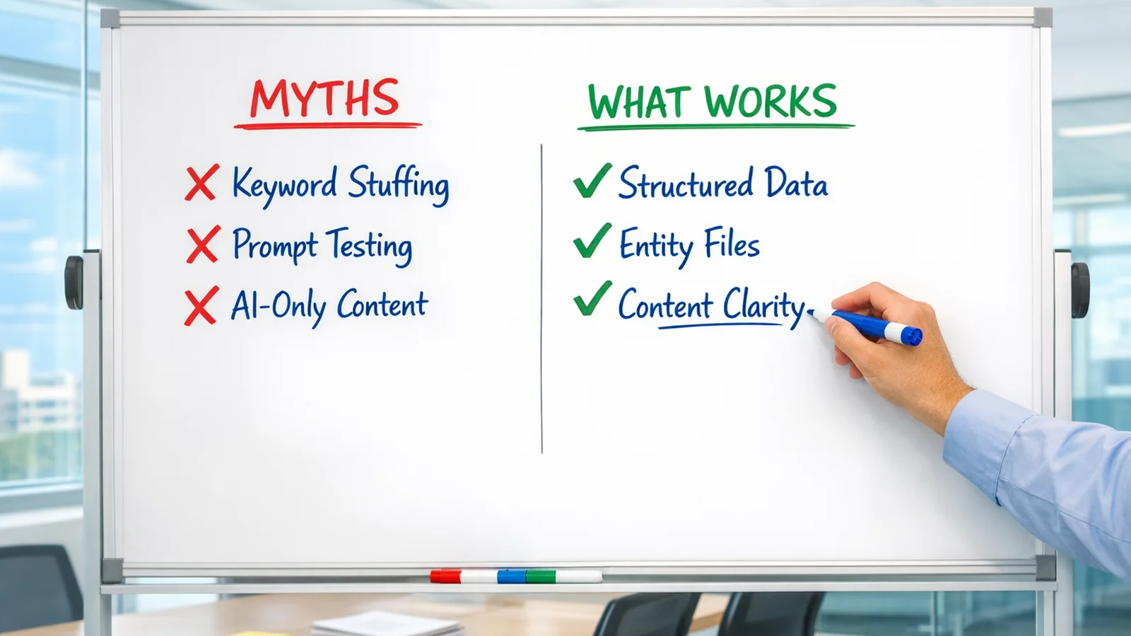 A bright illustration showing common AI search myths crossed out with red X marks: keyword stuffing, prompt manipulation, and creating AI-only content, contrasted with green checkmarks for real solutions