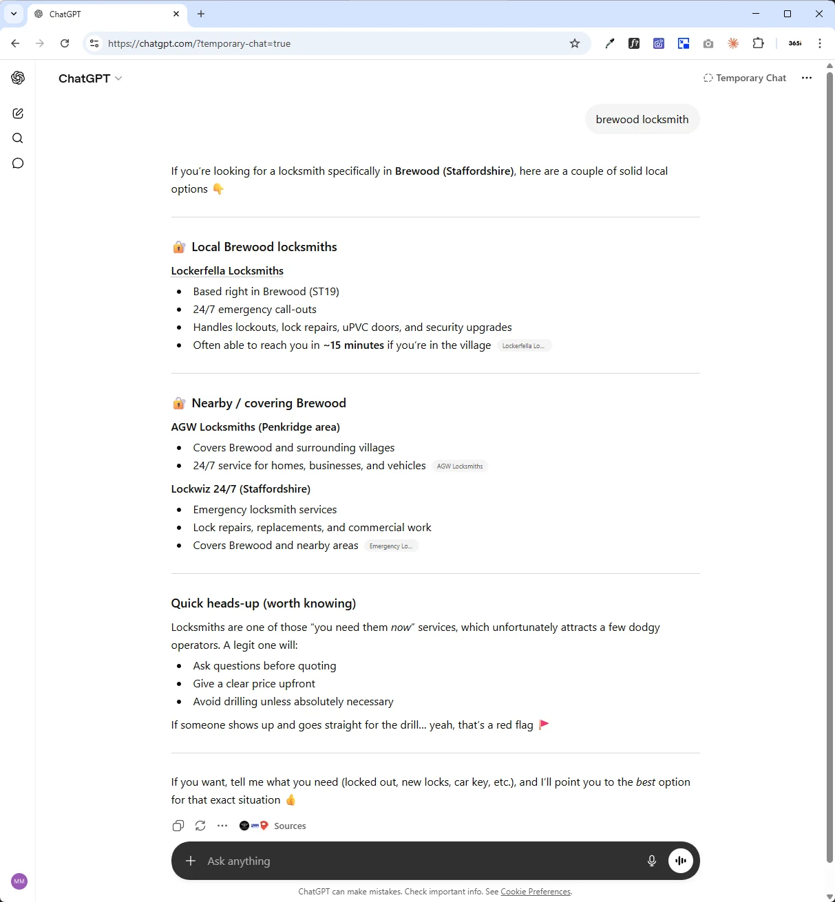 ChatGPT's response to the brewood locksmith query, listing Lockerfella as the only business under 'Local Brewood locksmiths' with bullet points covering ST19 base, 24/7 service, lockouts and uPVC, and 15-minute response time. AGW Locksmiths and Lockwiz appear under 'Nearby / covering Brewood' as secondary options