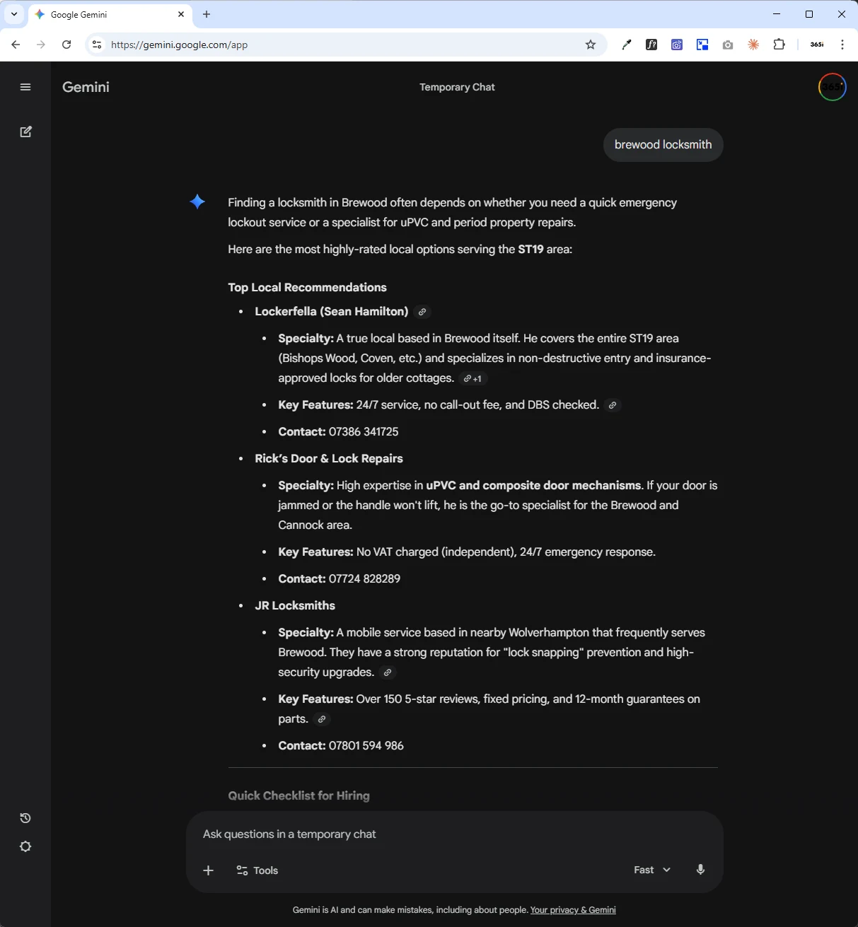 Google Gemini's response to the brewood locksmith query, listing Lockerfella (Sean Hamilton) as the top local recommendation with specialisms in non-destructive entry and insurance-approved locks, contact details, and key features including 24/7 service
