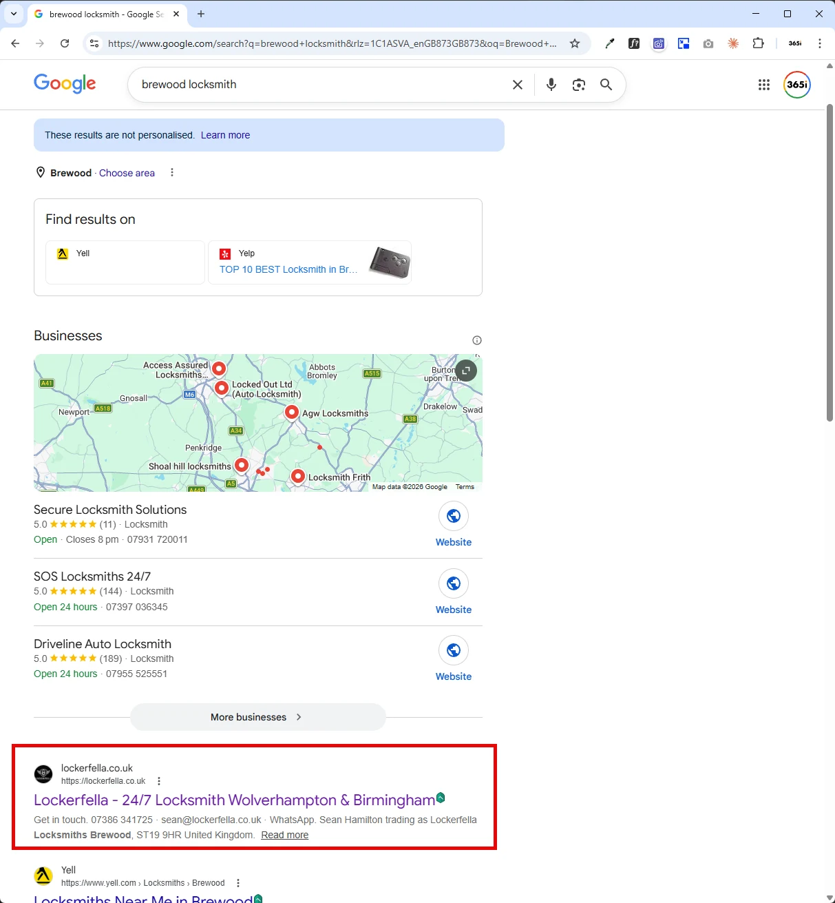 Google search results page for 'brewood locksmith' with Lockerfella highlighted in a red box at the third organic result, showing three call-centre-style competitors in the map pack above