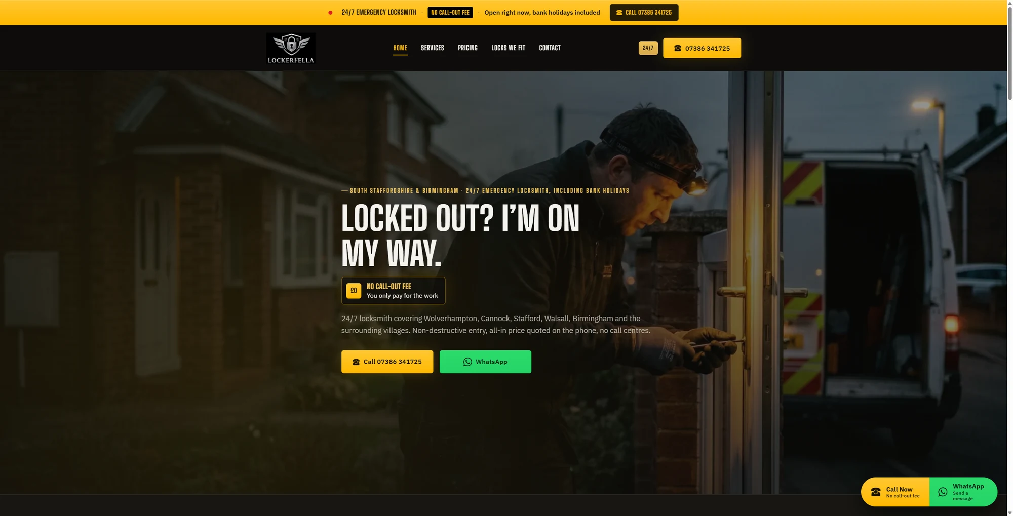 The Lockerfella locksmith homepage hero showing a tradesman at a customer's front door at night with the headline 'Locked out? I'm on my way.'