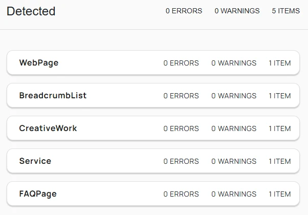 Schema.org validator detected panel for the same Brewood page showing 0 errors, 0 warnings, and 5 typed items: WebPage, BreadcrumbList, CreativeWork, Service, and FAQPage