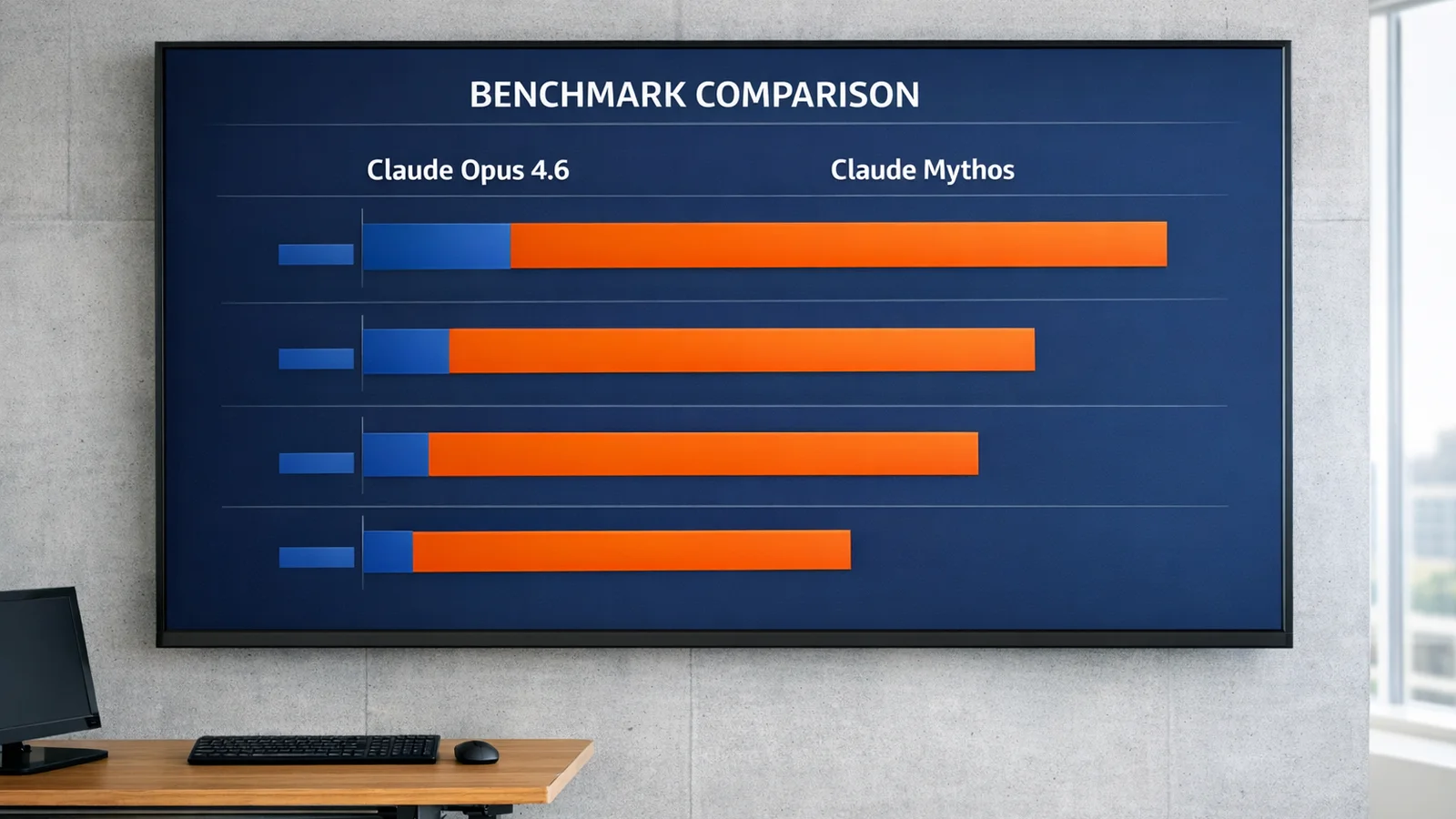 A digital dashboard display comparing benchmark performance between Claude Opus 4.6 and Claude Mythos Preview, with Mythos showing dramatically higher scores across all metrics