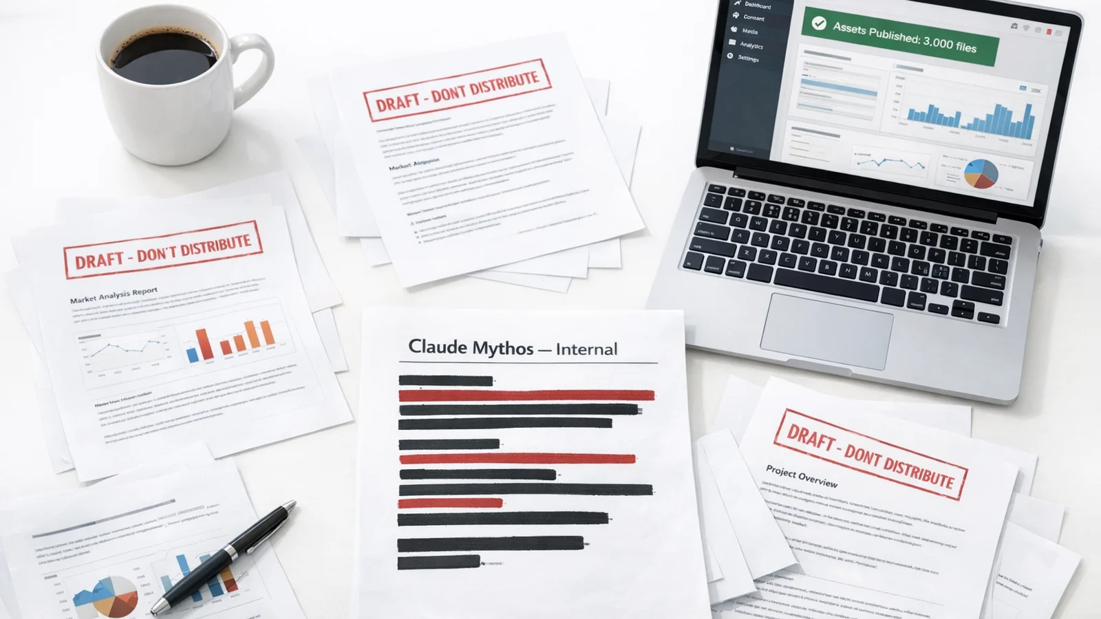 Overhead view of a desk with scattered draft documents marked 'Do Not Distribute' and a laptop showing a CMS dashboard, representing Anthropic's accidental data leak that revealed Claude Mythos