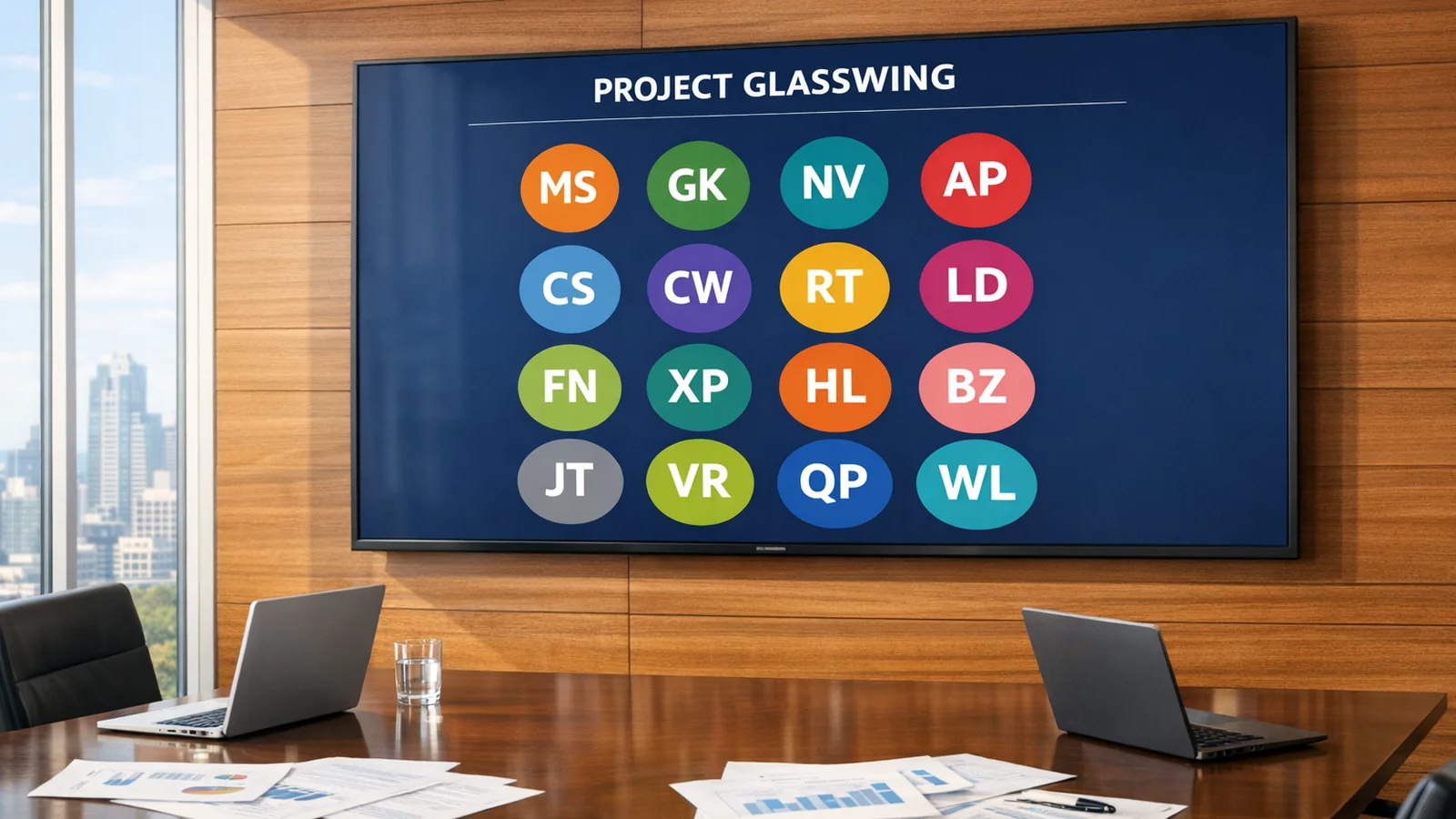 A bright modern conference room with a large screen showing a grid of partner organisation logos under the heading Project Glasswing Partners, representing Anthropic's gated access programme