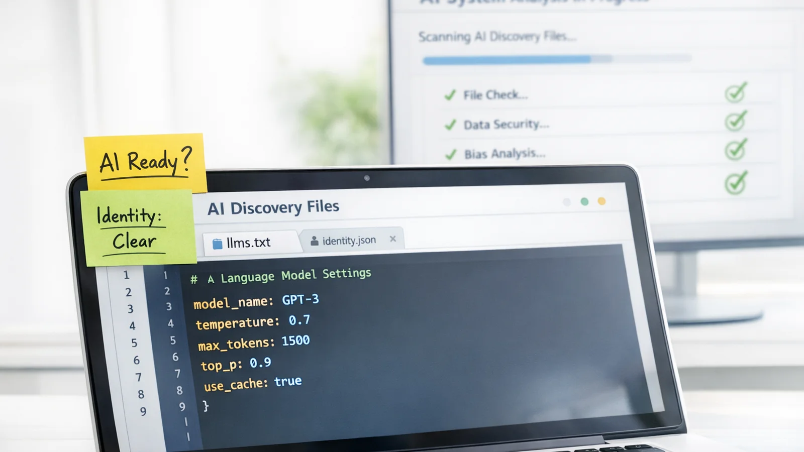 A bright workspace showing a laptop with an llms.txt file open in a code editor, with a second monitor displaying an AI visibility analysis interface with green checkmarks, representing website AI readiness