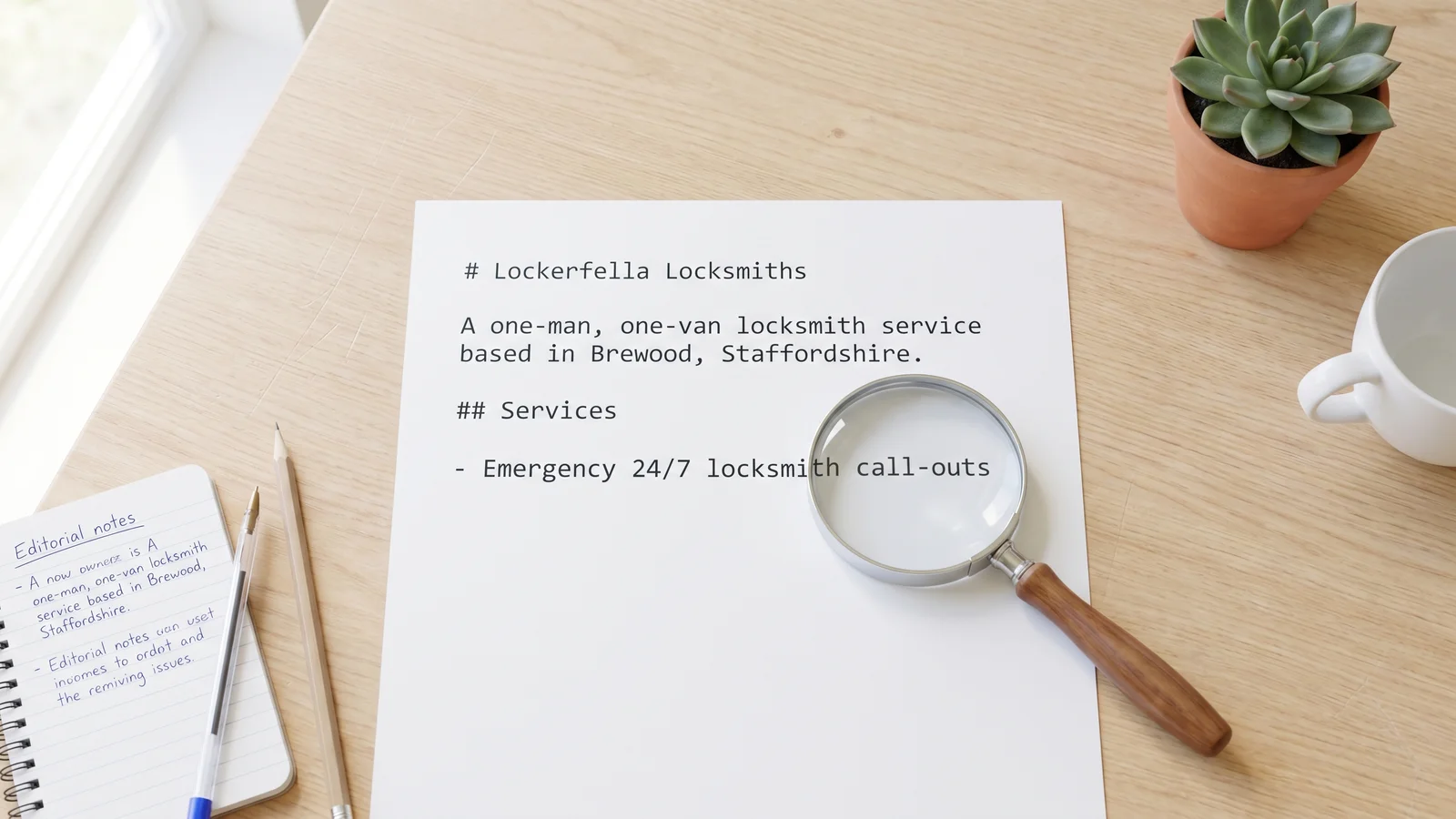 A single printed paper on a light oak desk in soft natural daylight. The paper shows a real, curated llms.txt file in clean monospace text, opening with '# Lockerfella Locksmiths' and the line 'A one-man, one-van locksmith service based in Brewood, Staffordshire.' Below: a '## Services' section listing 'Emergency 24/7 locksmith call-outs'. A wooden-handled magnifying glass rests on the page over one of the service lines. A small notebook with editorial annotations and a sharpened pencil sit beside it, alongside a succulent in a clay pot.