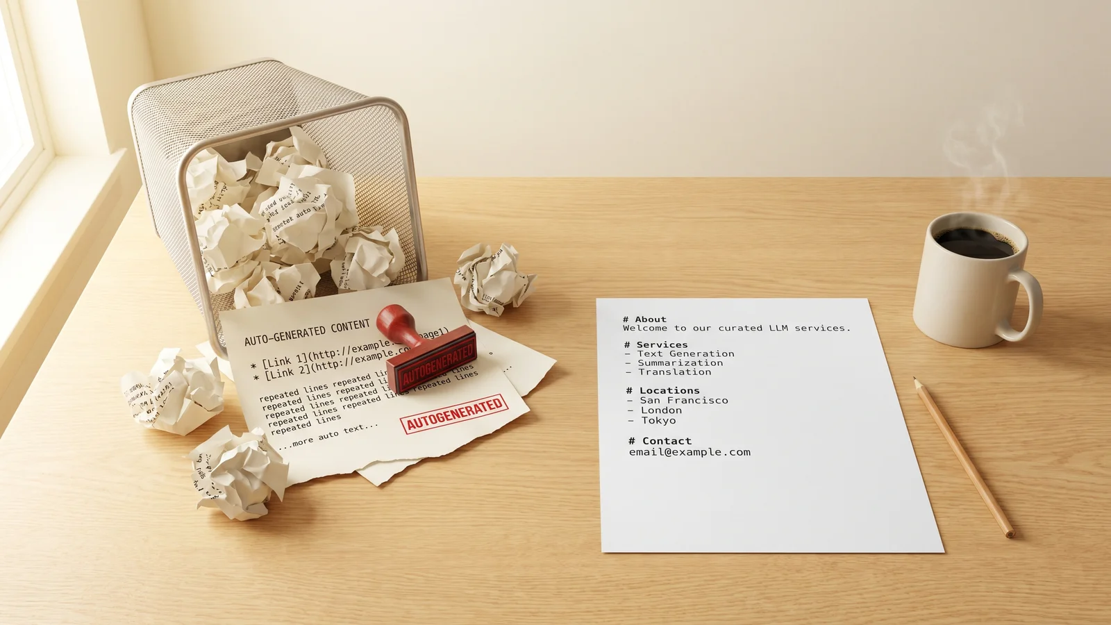 A clean wooden office desk in bright morning light. On the left, an overturned mesh bin spills crumpled paper pages across the desk, each printed page covered in messy autogenerated markdown URL lists, with a red rubber stamp on top reading 'AUTOGENERATED'. On the right, a single neat printed paper shows a tidy curated llms.txt file with sections labelled '# About', '# Services', '# Locations', and '# Contact', alongside a steaming coffee mug and pencil.