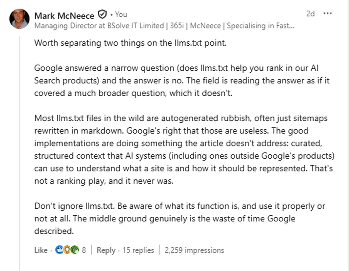 Screenshot of Mark McNeece's LinkedIn reply on Lily Ray's post about Google's AI Optimization Guide. The reply argues that Google answered a narrow question about ranking in its own AI Search products and that the field is reading the answer as if it covered a much broader question. The post shows 8 reactions, 15 replies, and 2,259 impressions.