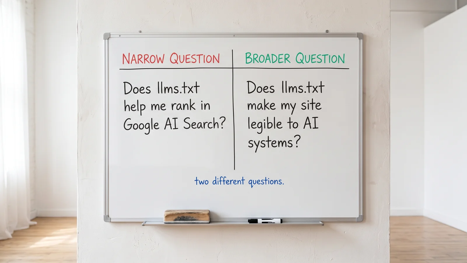 A clean whiteboard on a bright studio wall showing two columns of hand-written questions. Left column heading in red: 'NARROW QUESTION', with the question 'Does llms.txt help me rank in Google AI Search?' Right column heading in green: 'BROADER QUESTION', with the question 'Does llms.txt make my site legible to AI systems?' A blue hand-written note below reads: 'two different questions'.