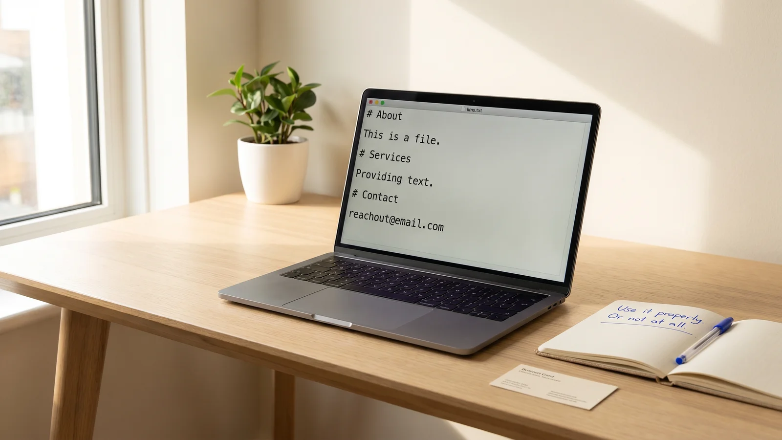 A bright, modern home-office desk in warm natural daylight. A sleek silver laptop displays a clean monospace llms.txt file on screen, with headings '# About', '# Services', and '# Contact' clearly readable. Beside the laptop, an open notebook has one hand-written line in blue biro: 'Use it properly. Or not at all.' A small business card and a green plant in a white pot complete the bright, uncluttered editorial scene.