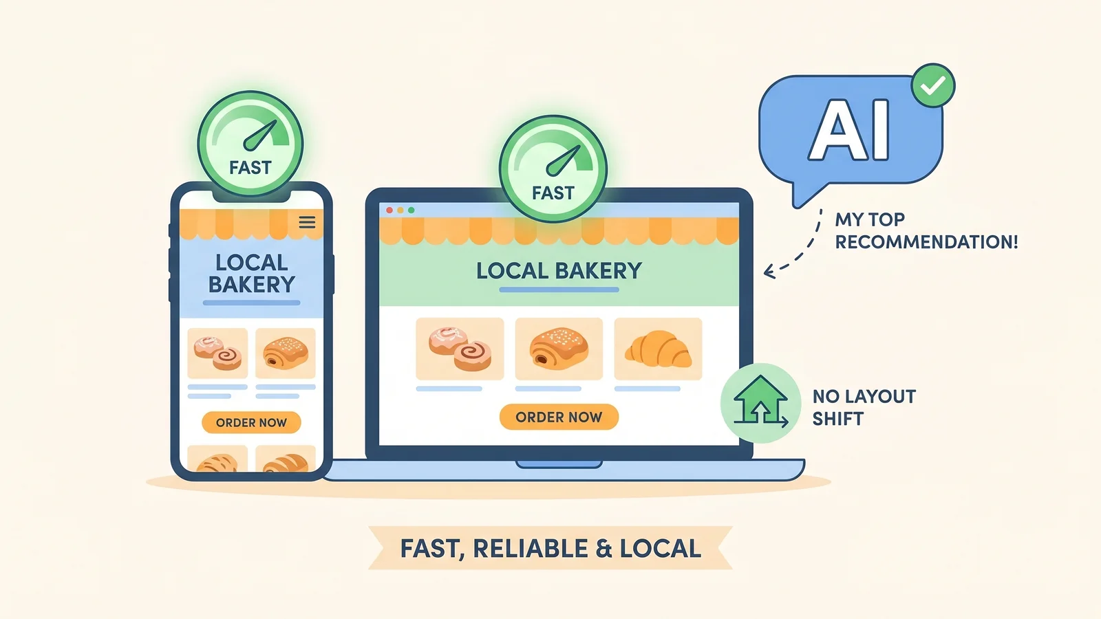 Bright illustration of a fast local-business website on a phone and laptop with green speed gauges and a no-layout-shift indicator, being recommended by a friendly AI assistant chat bubble.