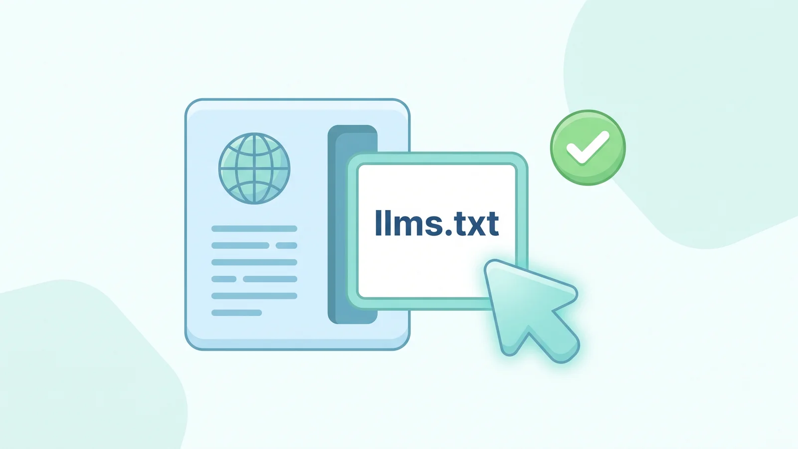 Illustration of a domain root with a single highlighted document file labelled llms.txt being read by an automation cursor, with a green check badge, signalling a valid AI Discovery File.