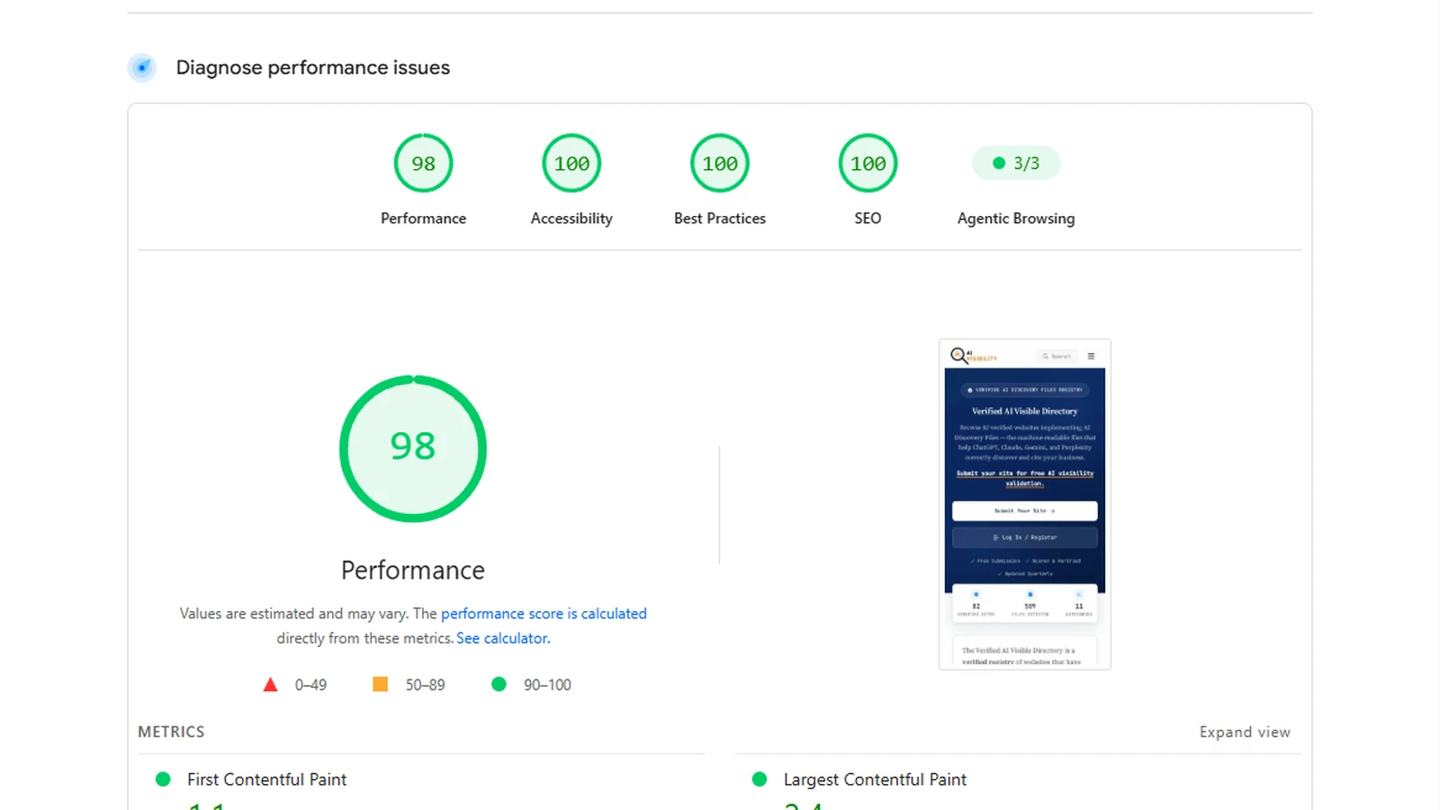 PageSpeed Insights report for ai-visibility.org.uk on mobile showing five score circles: Performance 98, Accessibility 100, Best Practices 100, SEO 100, and Agentic Browsing 3/3, captured 17 June 2026 in Lighthouse 13.4.0.