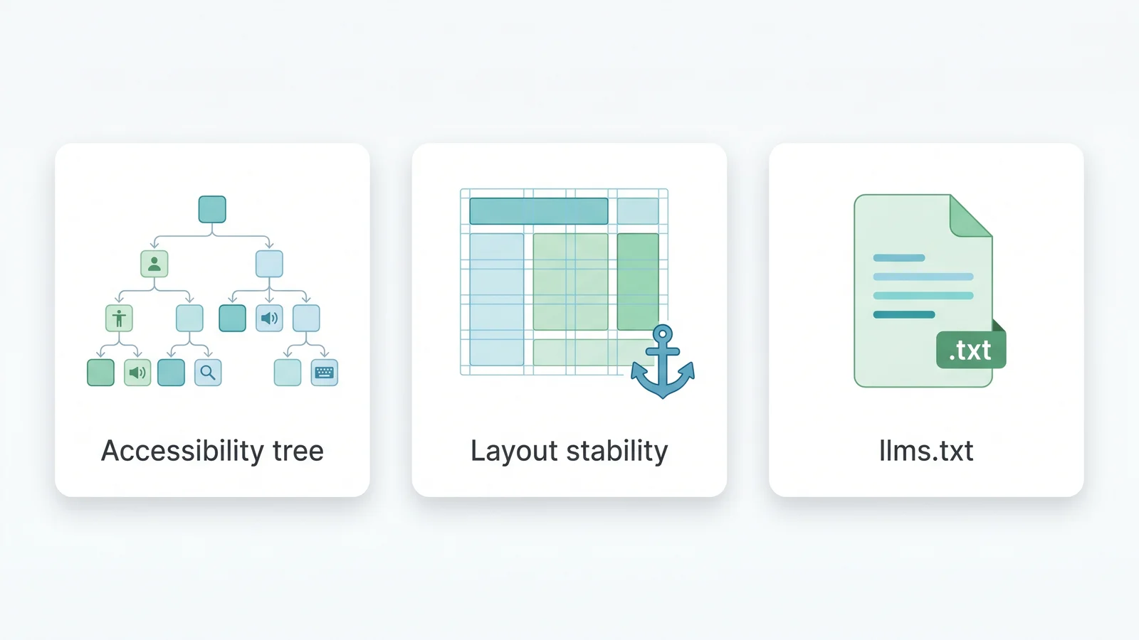 Three labelled cards showing the default Agentic Browsing checks: a node-tree icon for Accessibility tree, an anchored grid icon for Layout stability, and a document icon for llms.txt.
