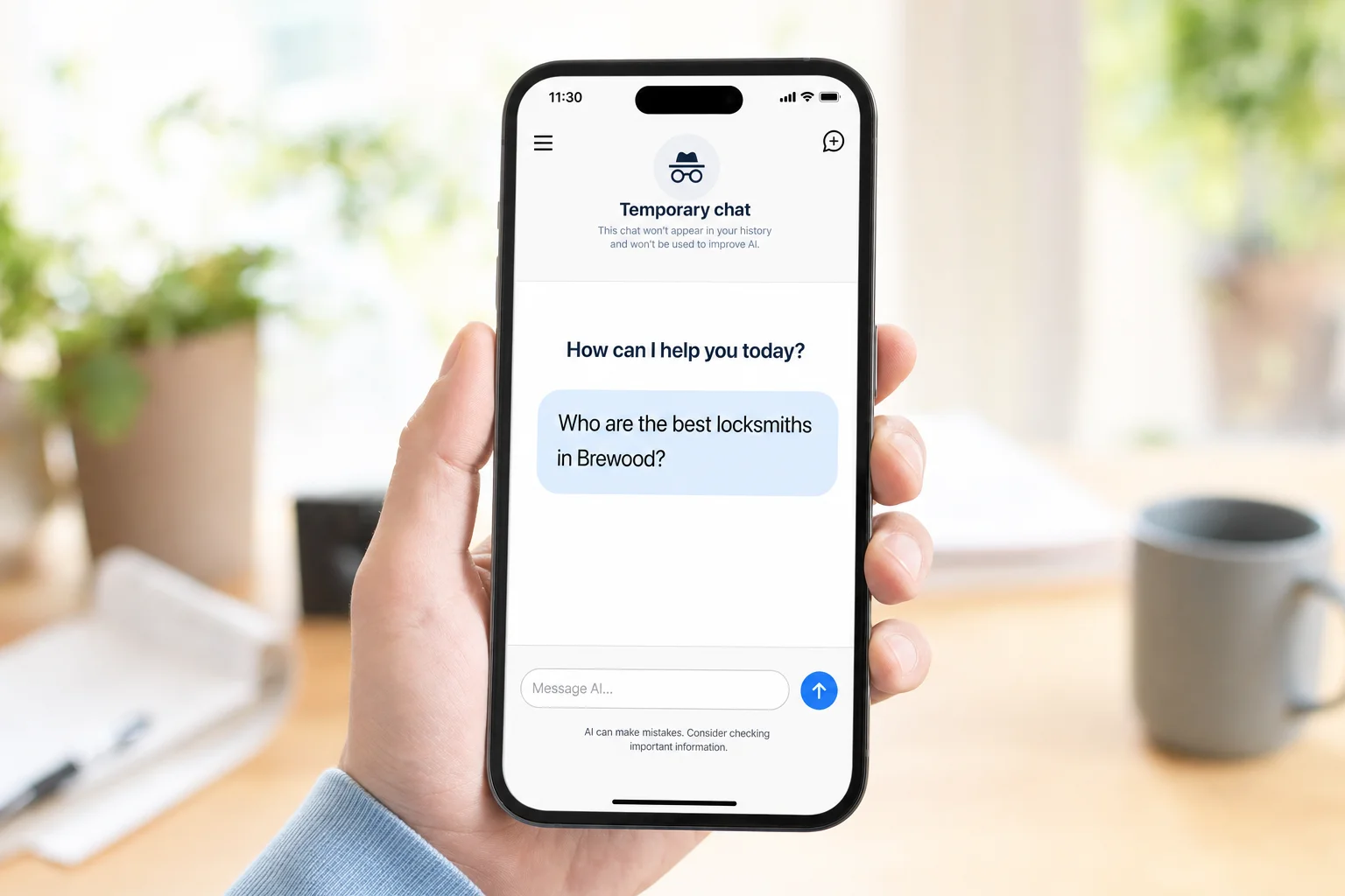 A hand holding a phone showing an AI chat in private Temporary Chat mode with an incognito icon, asking who are the best locksmiths in Brewood.
