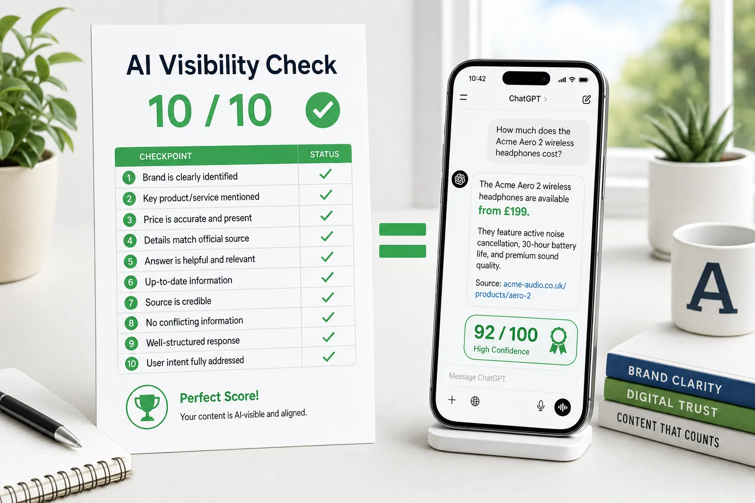 A printed AI Visibility Check showing 10 out of 10 with green ticks beside a phone showing an AI chat reply citing a price from 199 pounds and a 92 out of 100 badge, linked by a green equals sign.